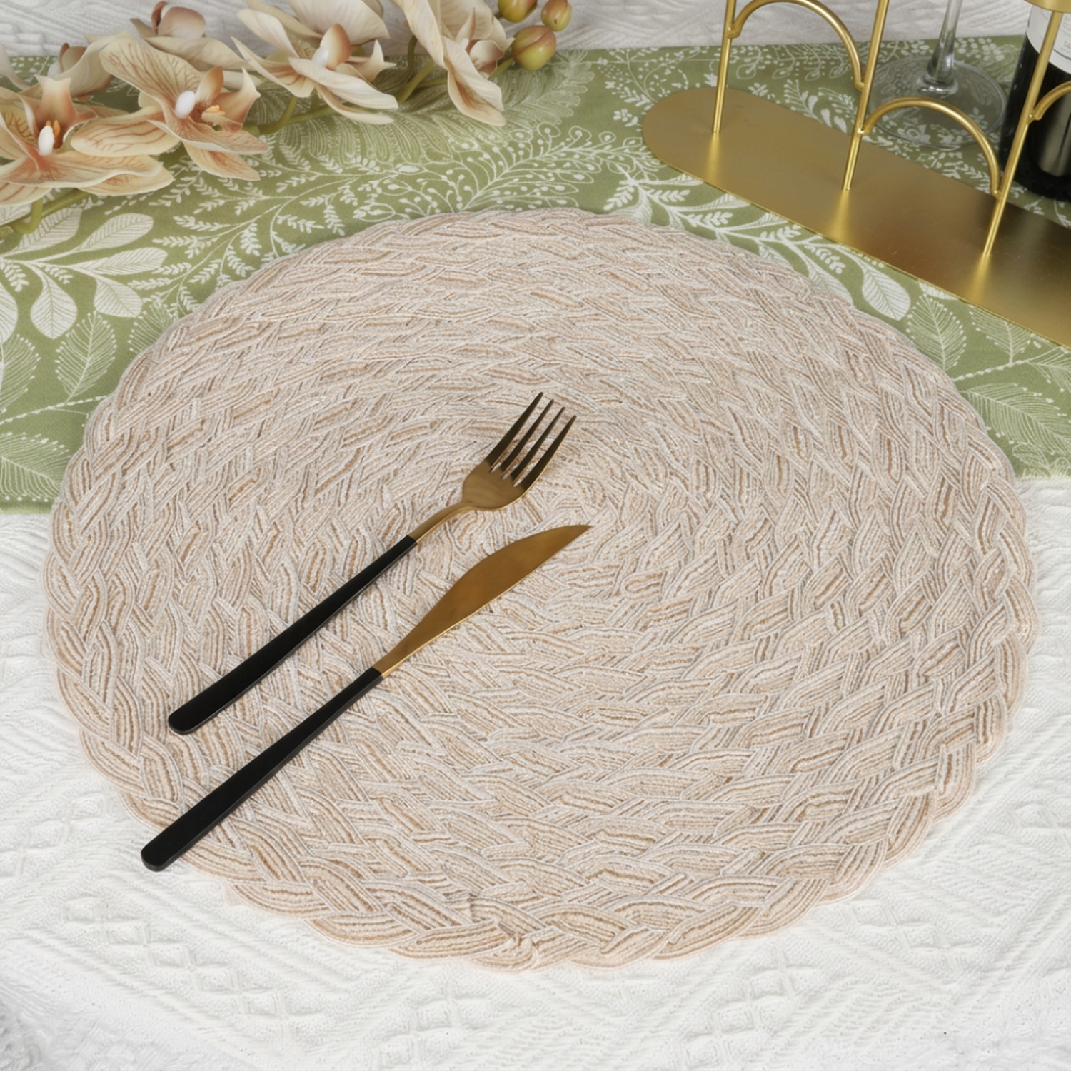 Set 6 Individuales Circulares Borde Trenzado Color Arena-1