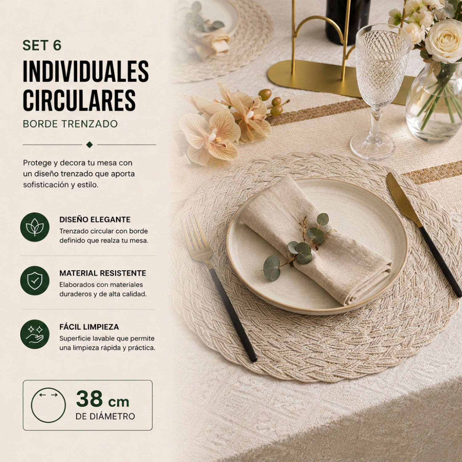Set 6 Individuales Circulares Borde Trenzado Color Arena-5