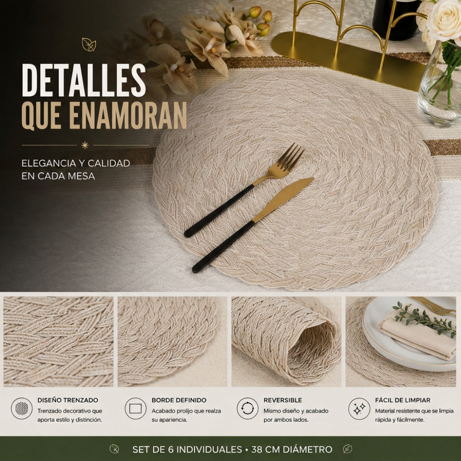 Set 6 Individuales Circulares Borde Trenzado Color Arena-7