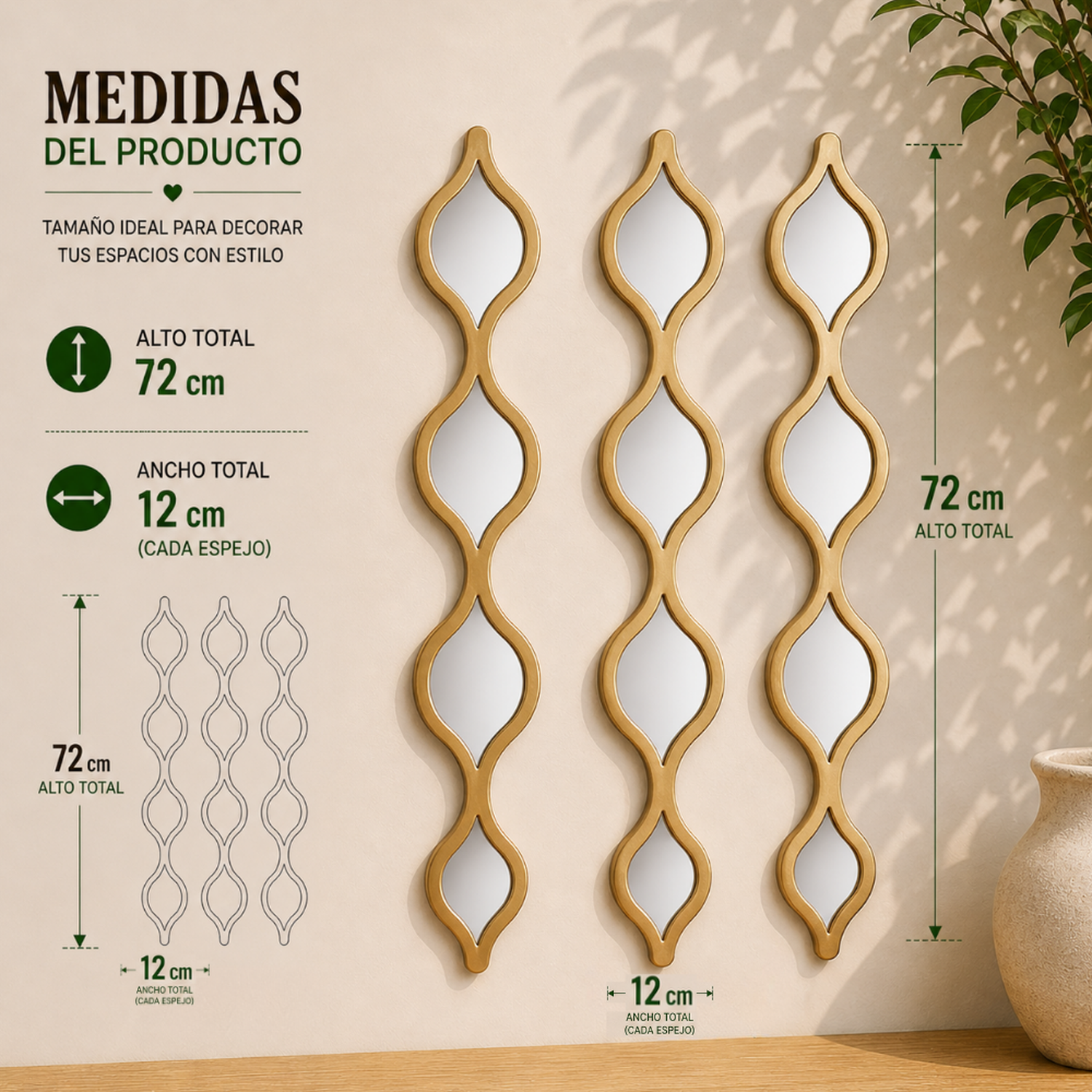 Set 3 Espejos De Pared De Ondas Alargadas Marcos De Espejos-5
