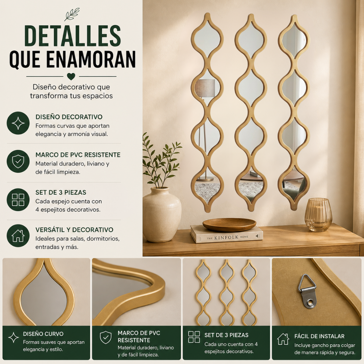 Set 3 Espejos De Pared De Ondas Alargadas Marcos De Espejos-7