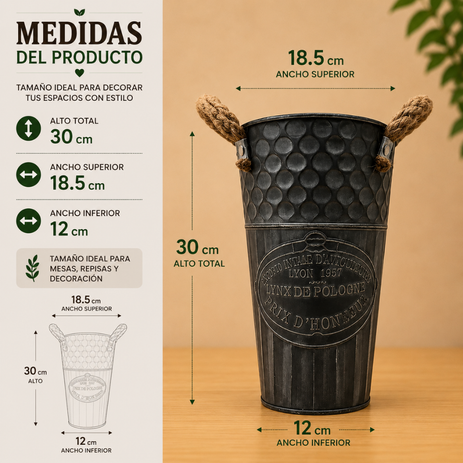 Macetero Metalico Decorativo Verde Vintage Florero S-3
