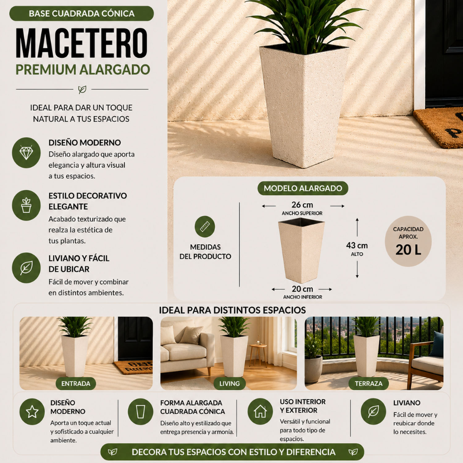 Macetero Plastico Alargado Premium Base Cuadrada Conica-4