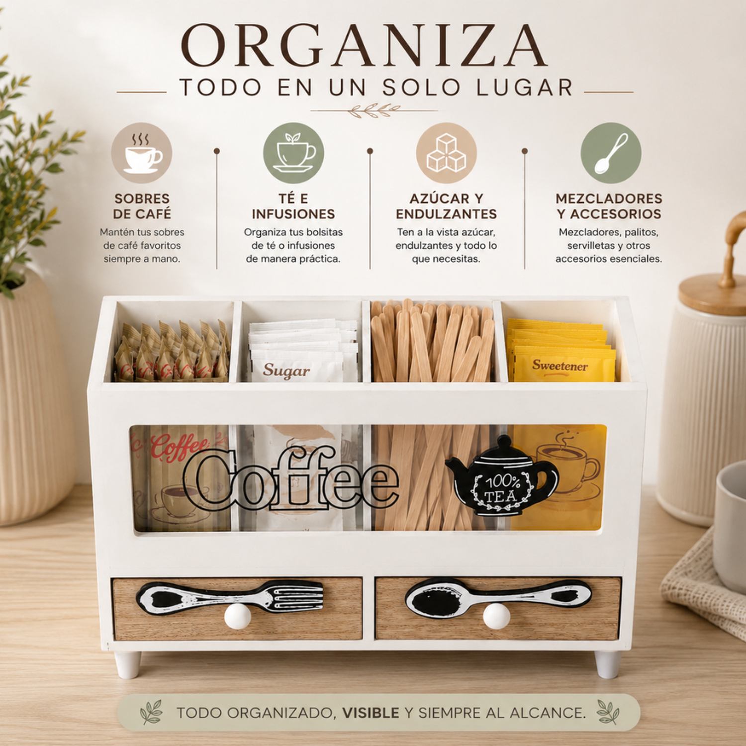 Caja De Te 4 Divisiones Con Cajones Estacion De Café Oficina-2