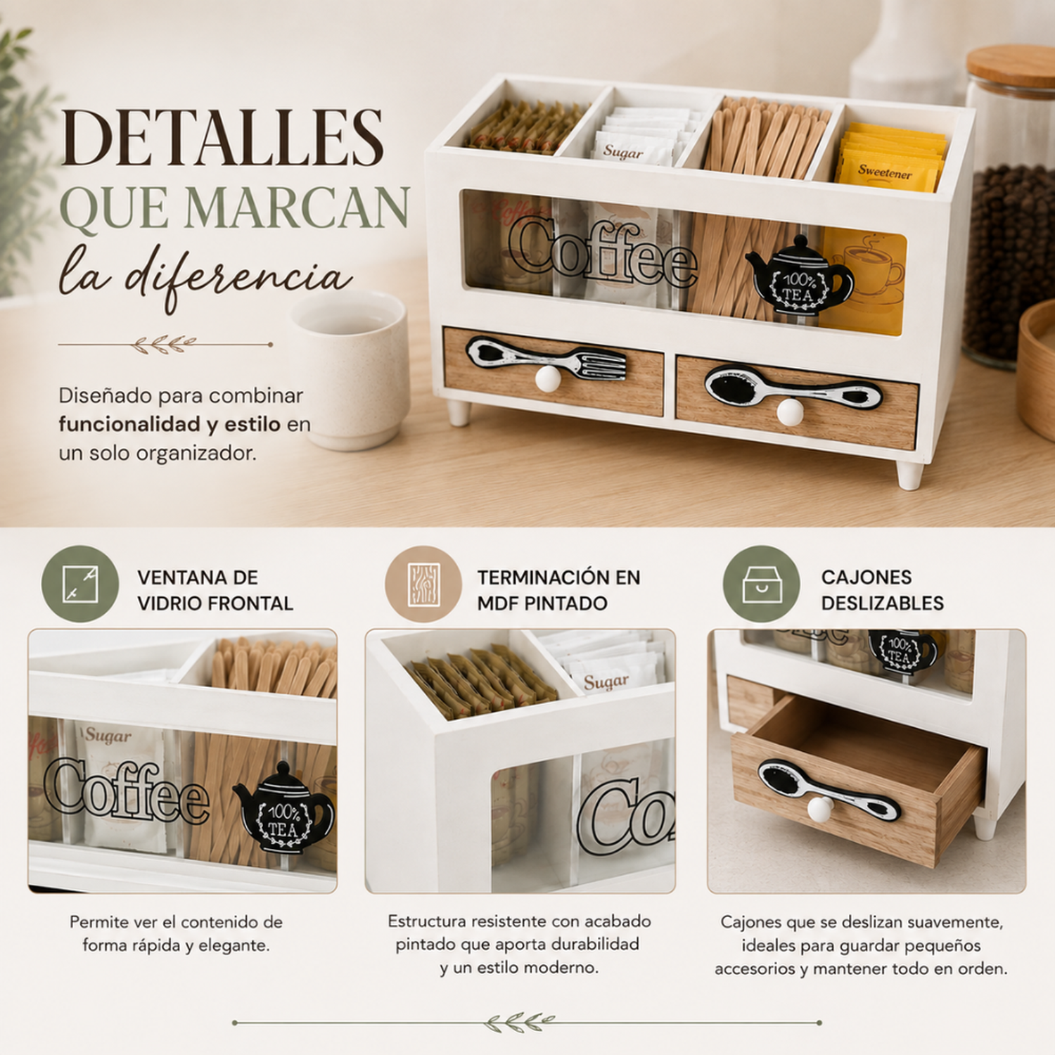 Caja De Te 4 Divisiones Con Cajones Estacion De Café Oficina-3