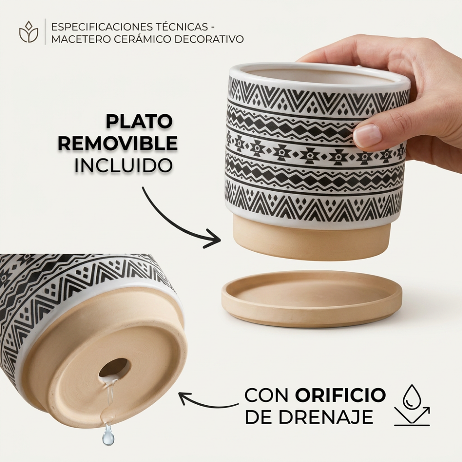 Macetero Maceta De Ceramica Blanco Con Patrones Negro M-3