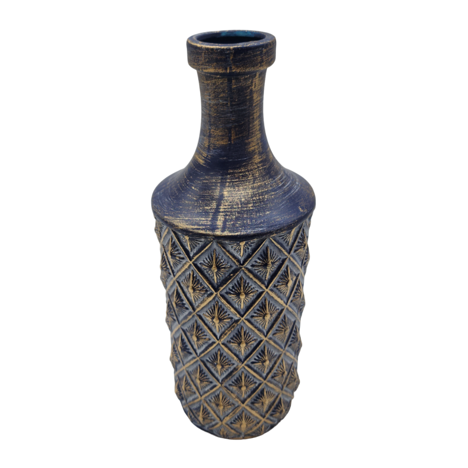 Jarron Florero Ceramica Diseño Rombos Azul Dorado Alargado-3
