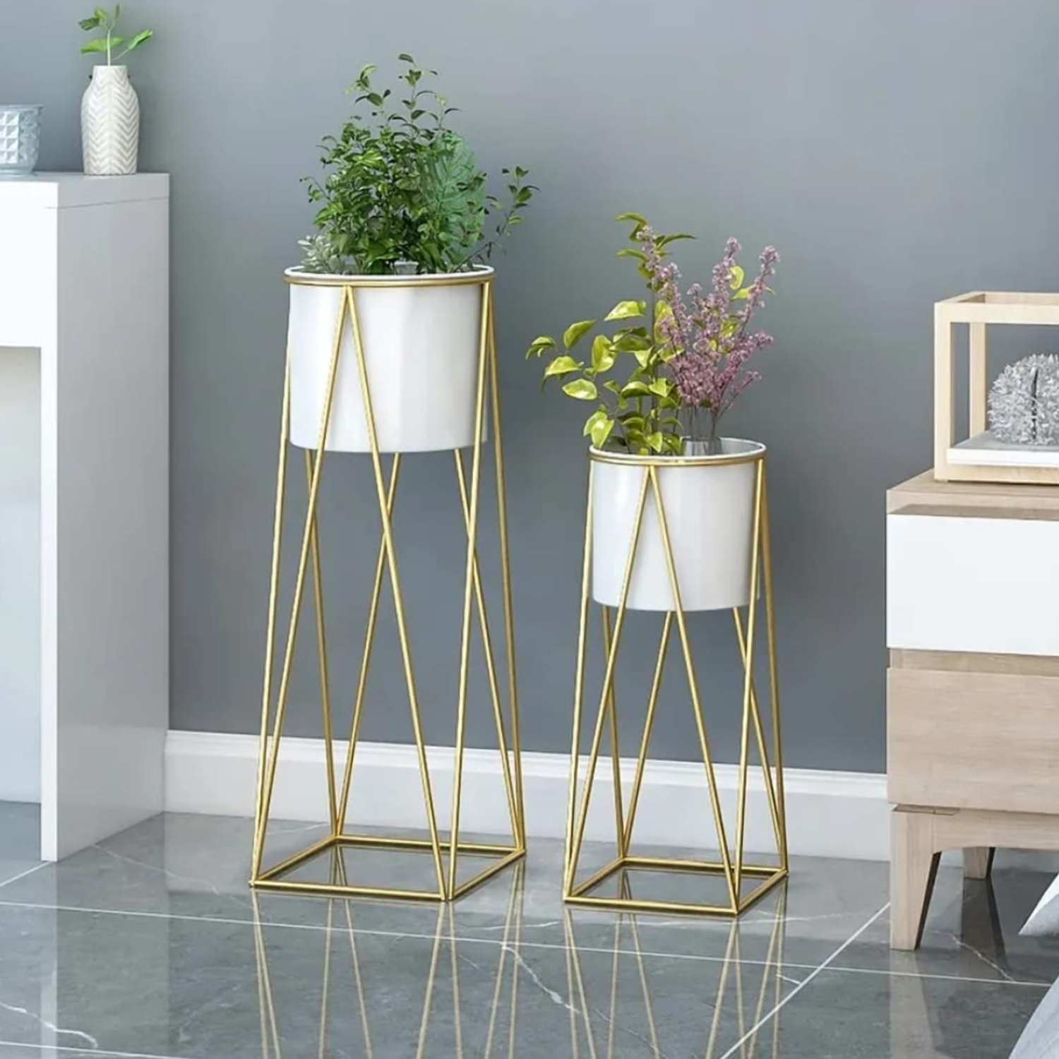 Set 2 Porta Maceteros Pedestal Maceta Plantas Blanco Dorados-1