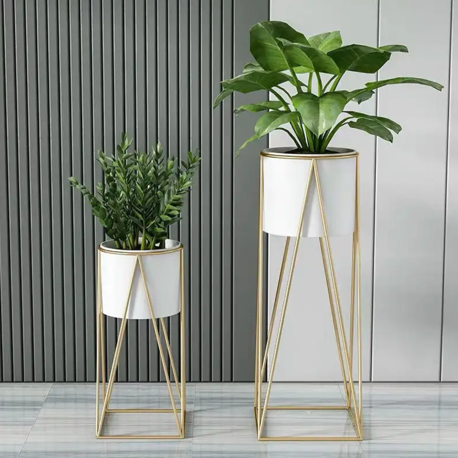 Set 2 Porta Maceteros Pedestal Maceta Plantas Blanco Dorados-2