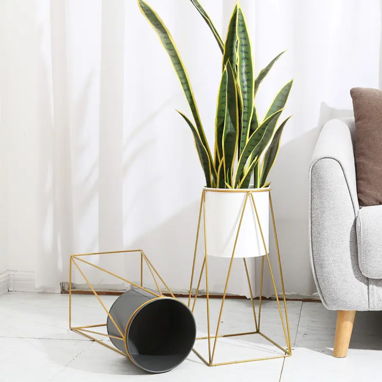 Set 2 Porta Maceteros Pedestal Maceta Plantas Blanco Dorados-6