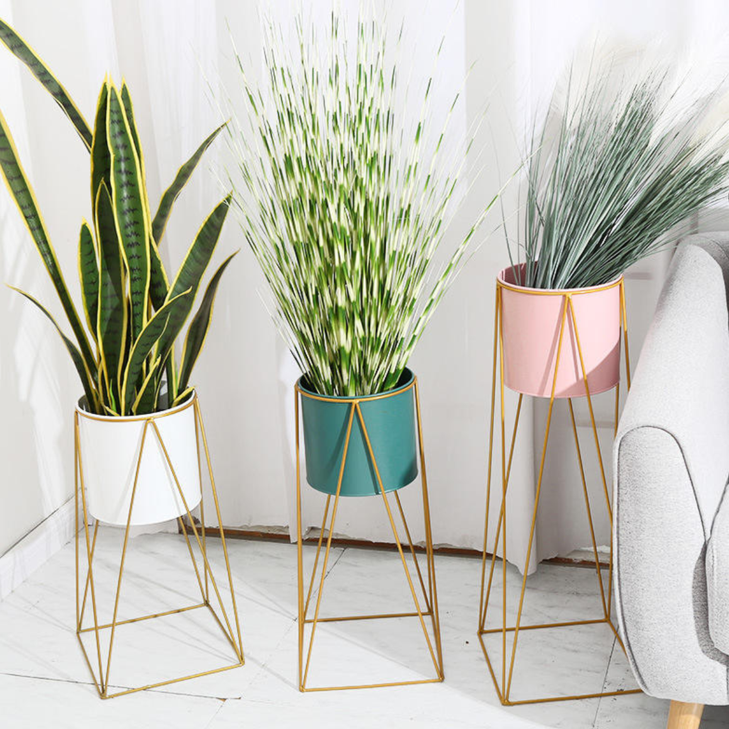 Set 2 Porta Maceteros Pedestal Maceta Plantas Blanco Dorados-7