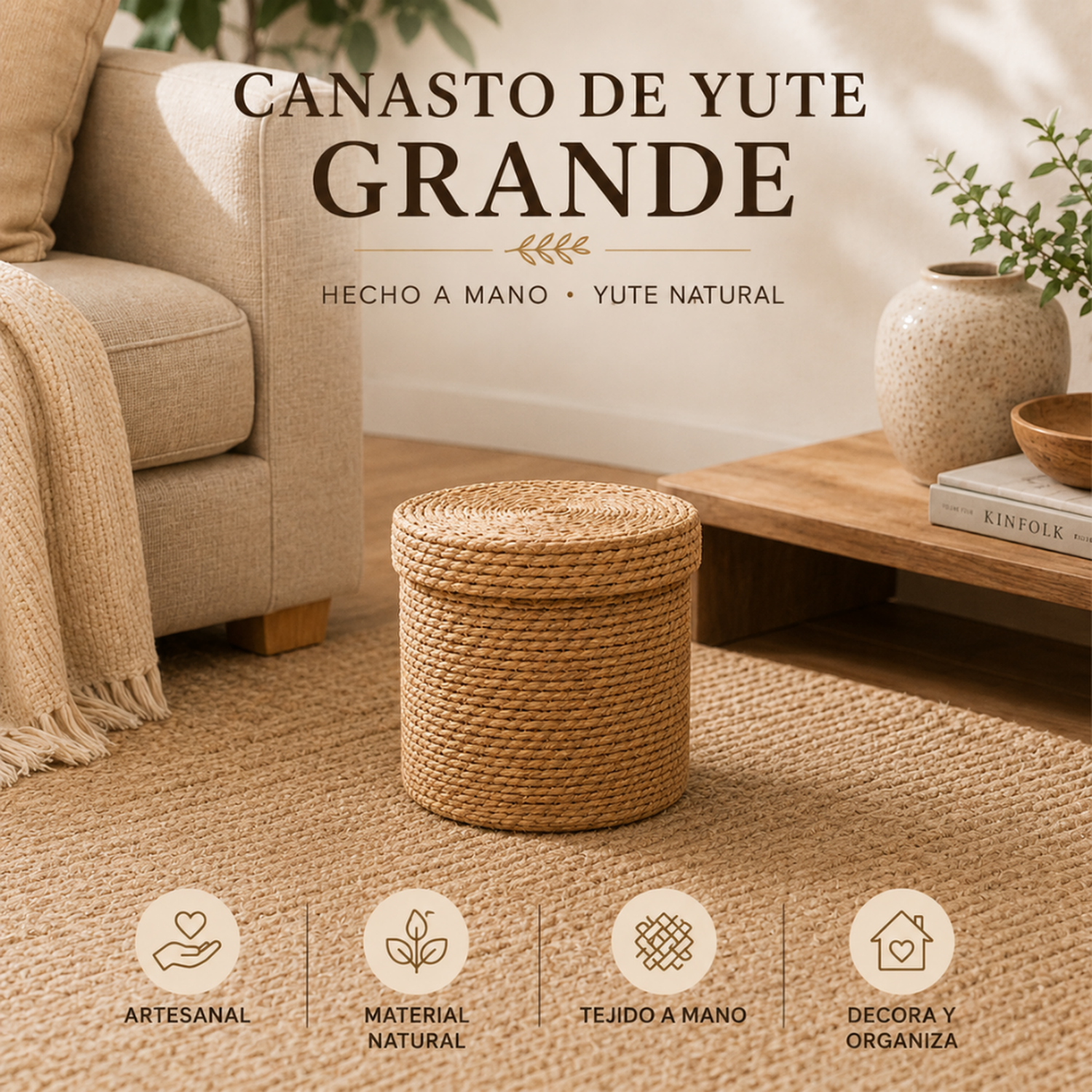Canasto Cesta De Yute Tejida Con Tapa Acabado Rustico L-5