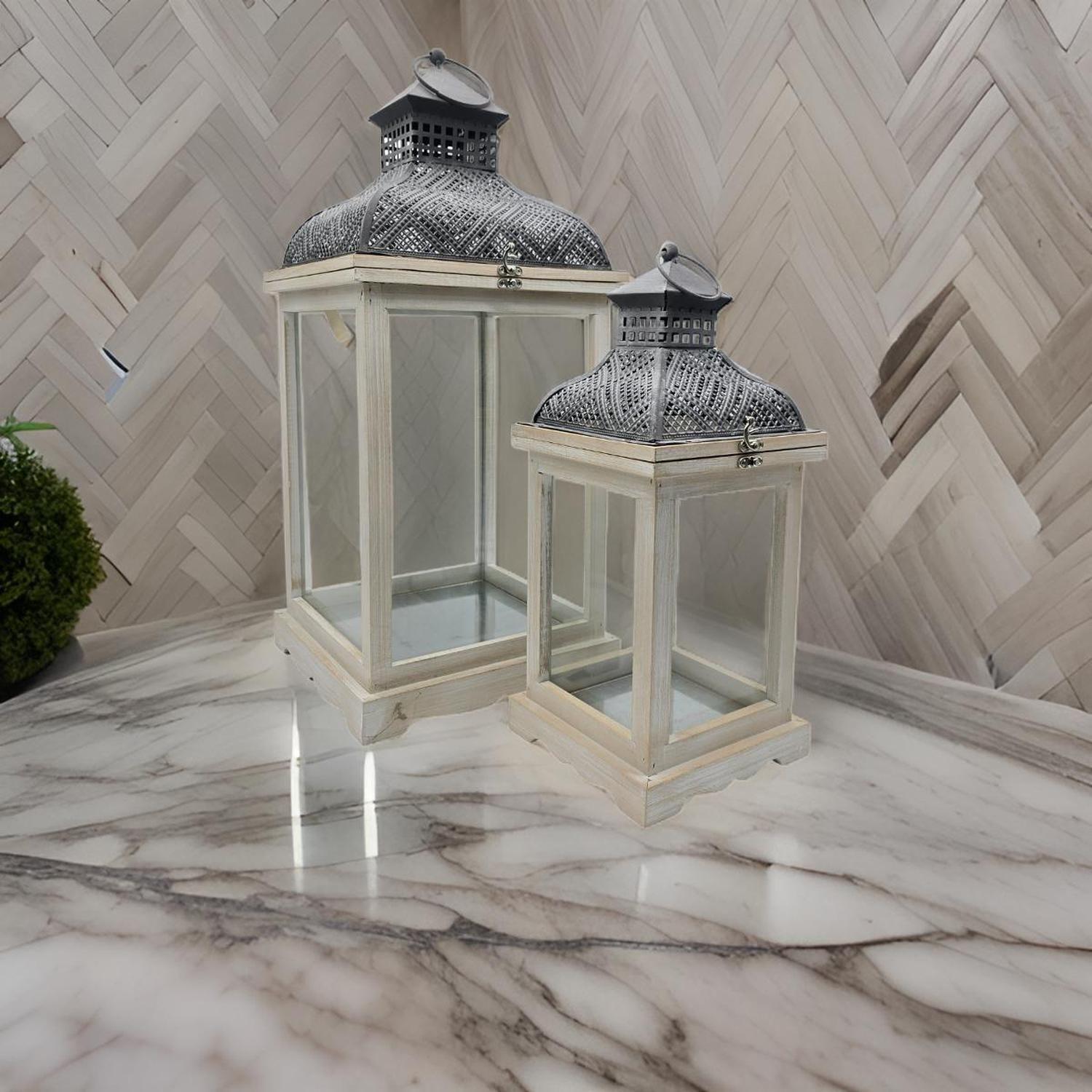 Set 2 Farol Calentador De Vela Costero De Madera Blanco-3