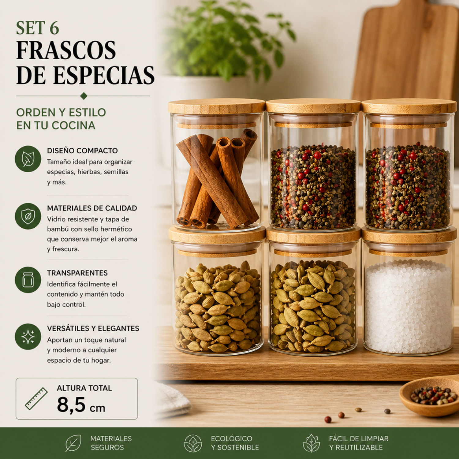 Set 6 Frascos de Especias Condimentos Con Tapa Bambu Cocina-2