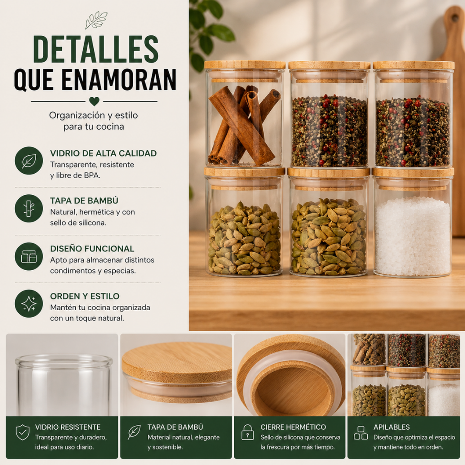Set 6 Frascos de Especias Condimentos Con Tapa Bambu Cocina-5