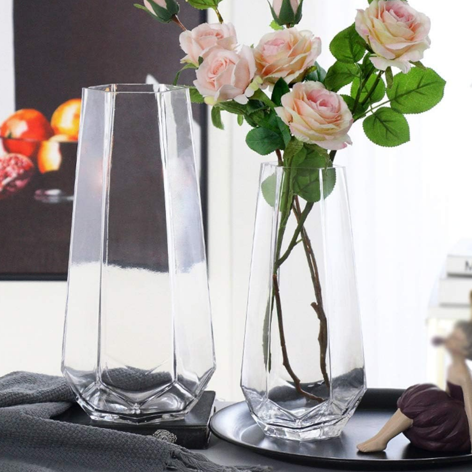 Florero Decorativo Geometrico Hexagonal De Vidrio Oscuro L-2