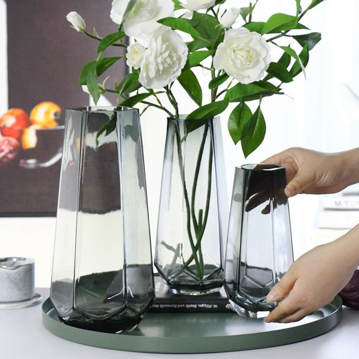 Florero Decorativo Geometrico Hexagonal De Vidrio Oscuro L-6