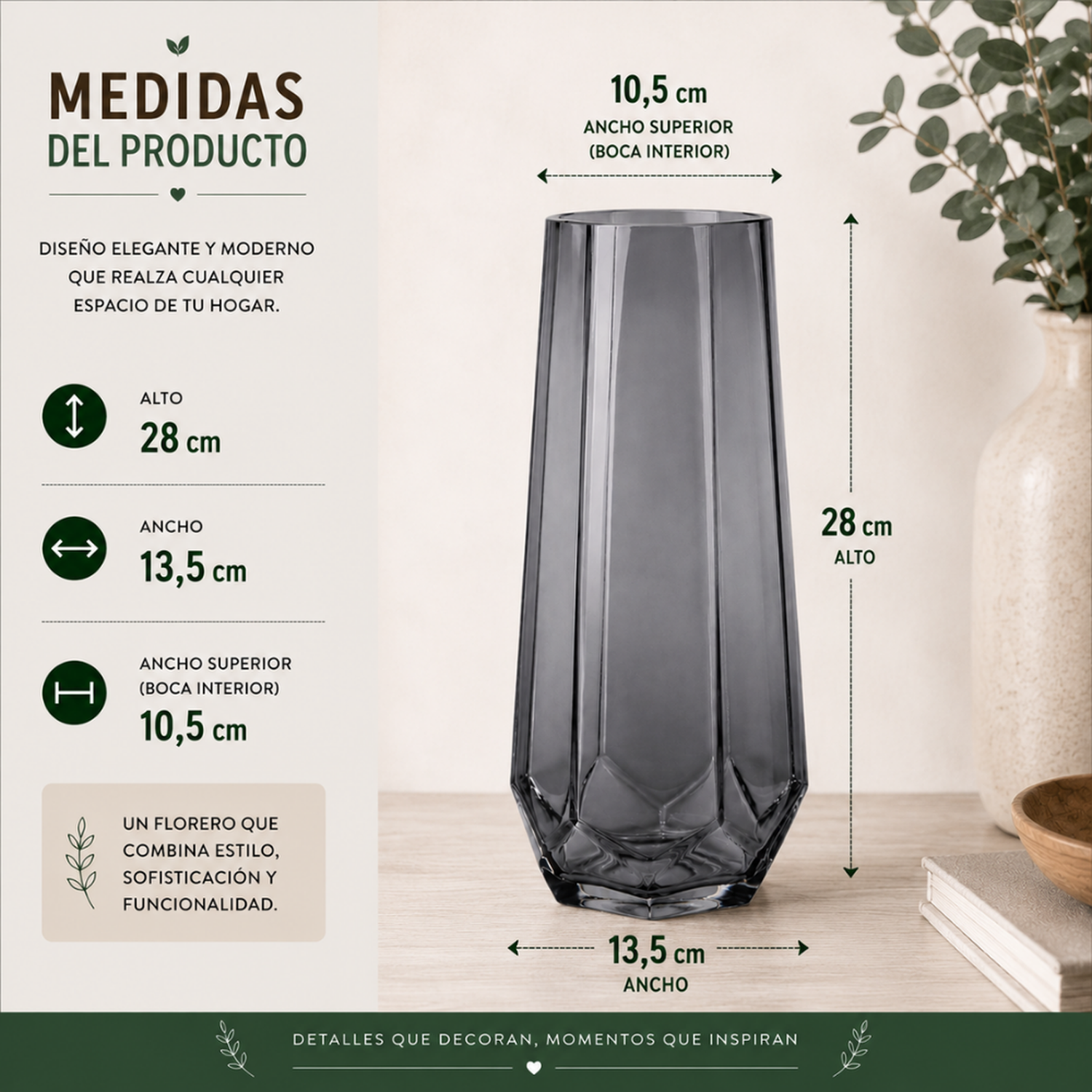 Florero Decorativo Geometrico Hexagonal De Vidrio Oscuro L-6