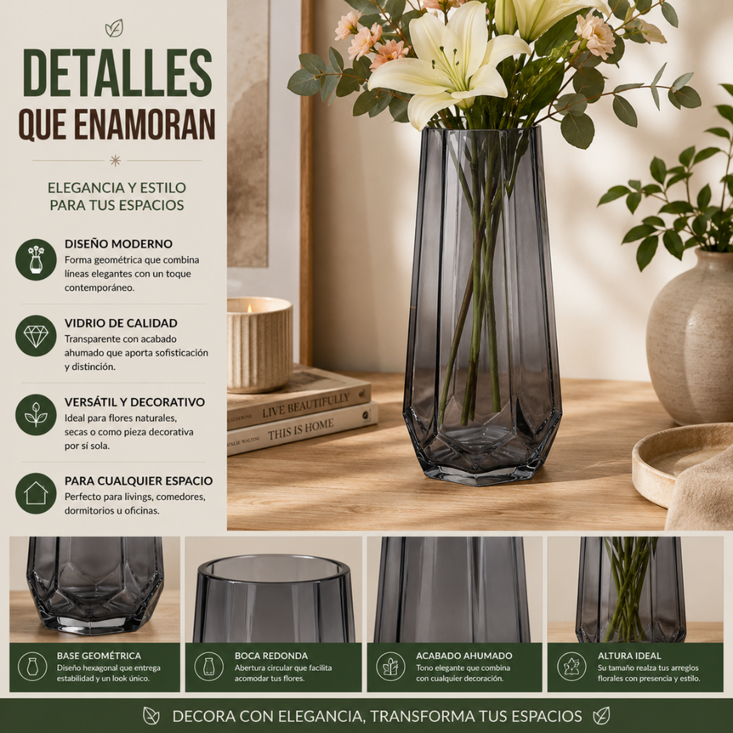 Florero Decorativo Geometrico Hexagonal De Vidrio Oscuro L-7