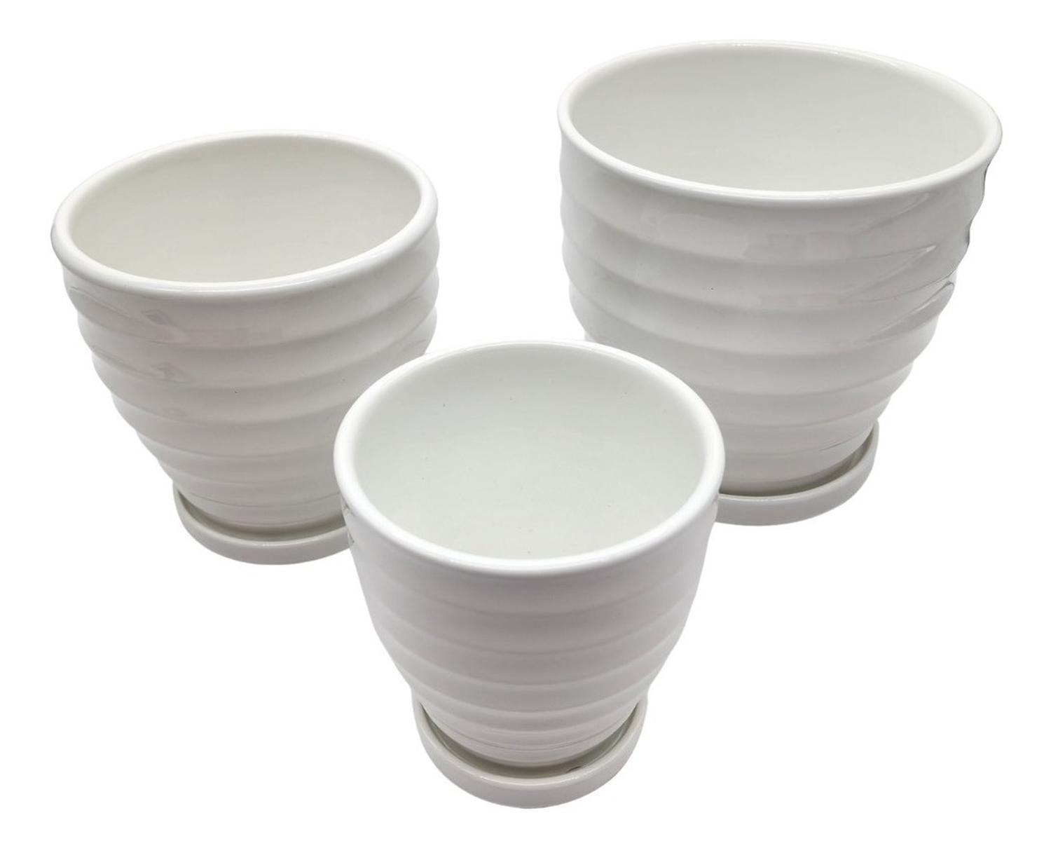 Set 3 Maceteros Maceta De Cerámica Blancos Líneas Horizontal-1