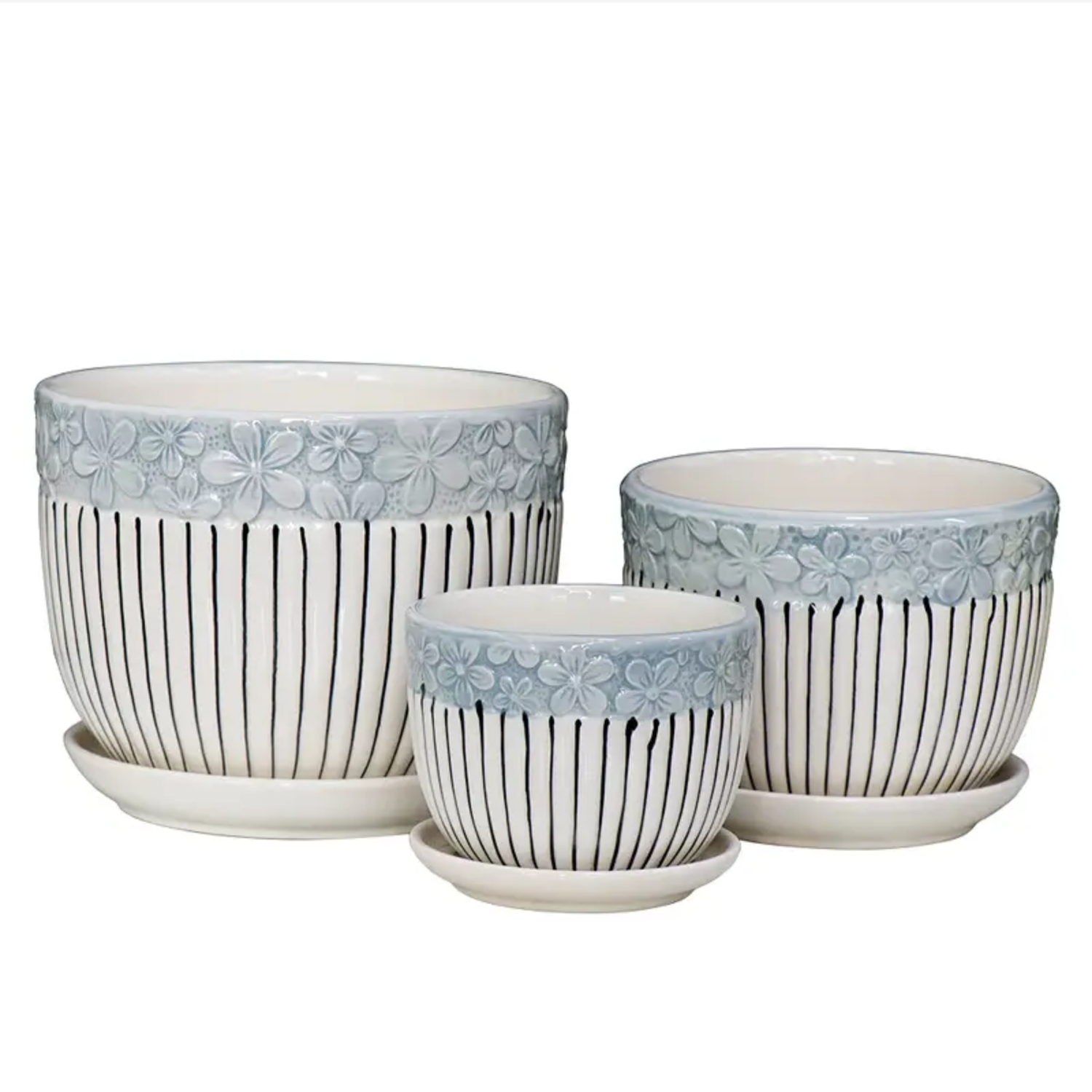 Set 3 Maceteros Maceta De Cerámica Blancos Flores Y Líneas-0