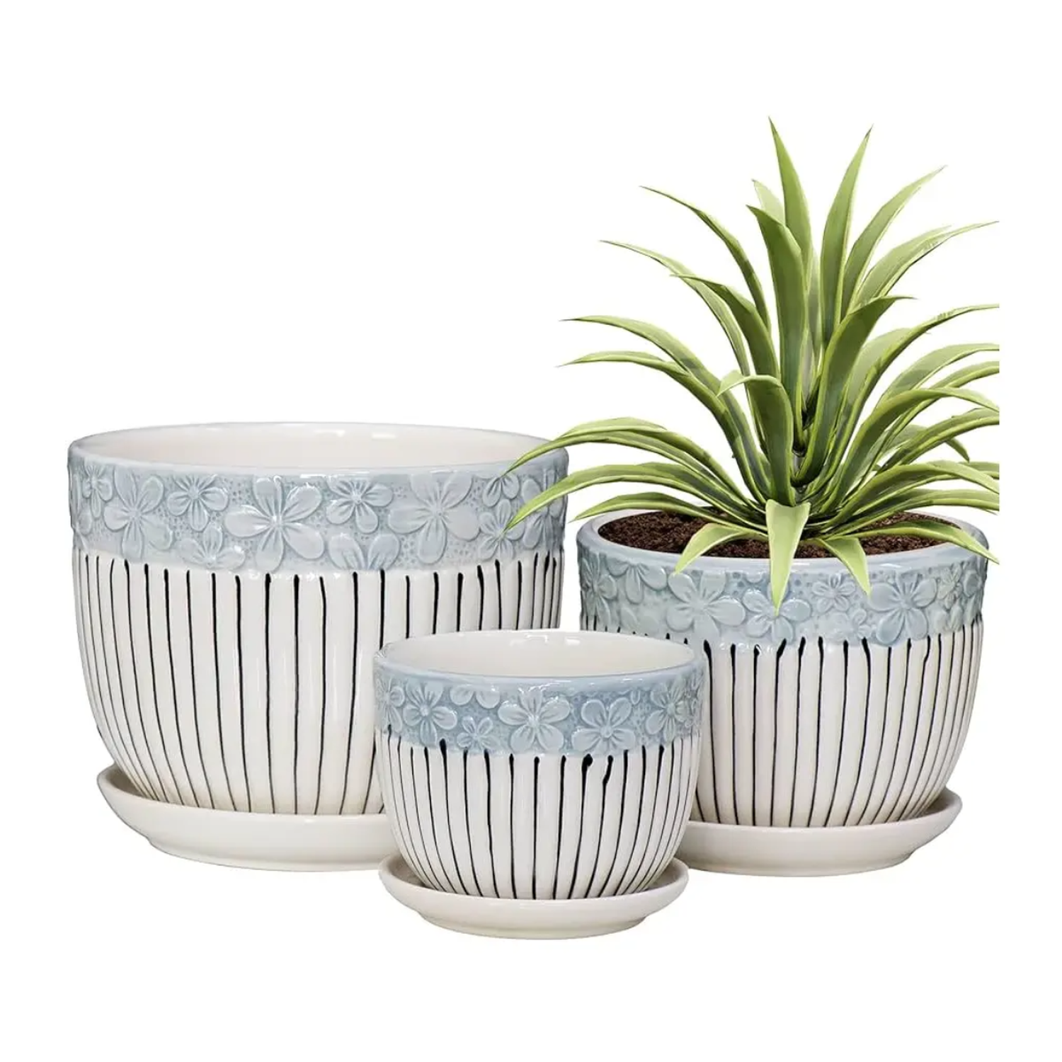 Set 3 Maceteros Maceta De Cerámica Blancos Flores Y Líneas-1