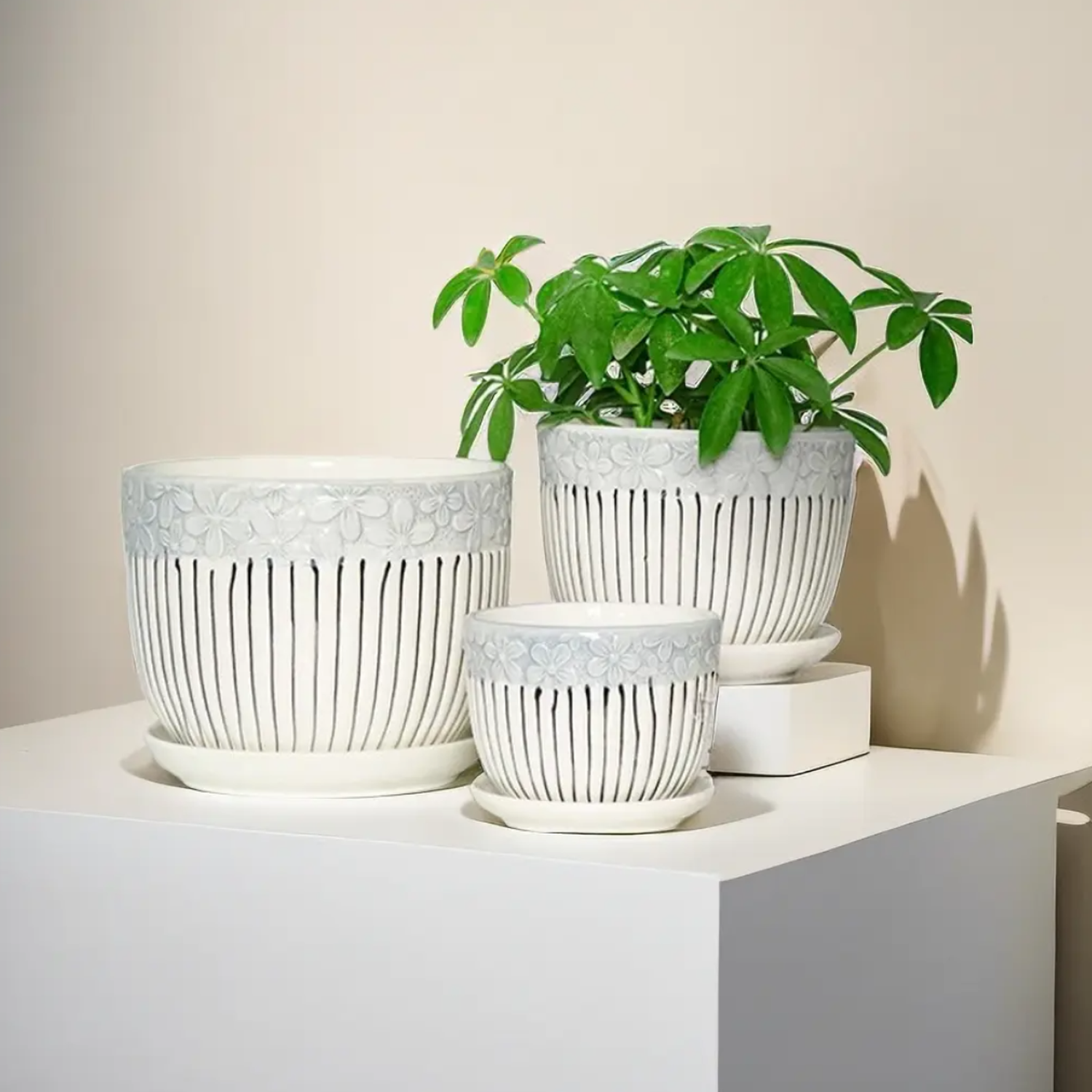 Set 3 Maceteros Maceta De Cerámica Blancos Flores Y Líneas-2