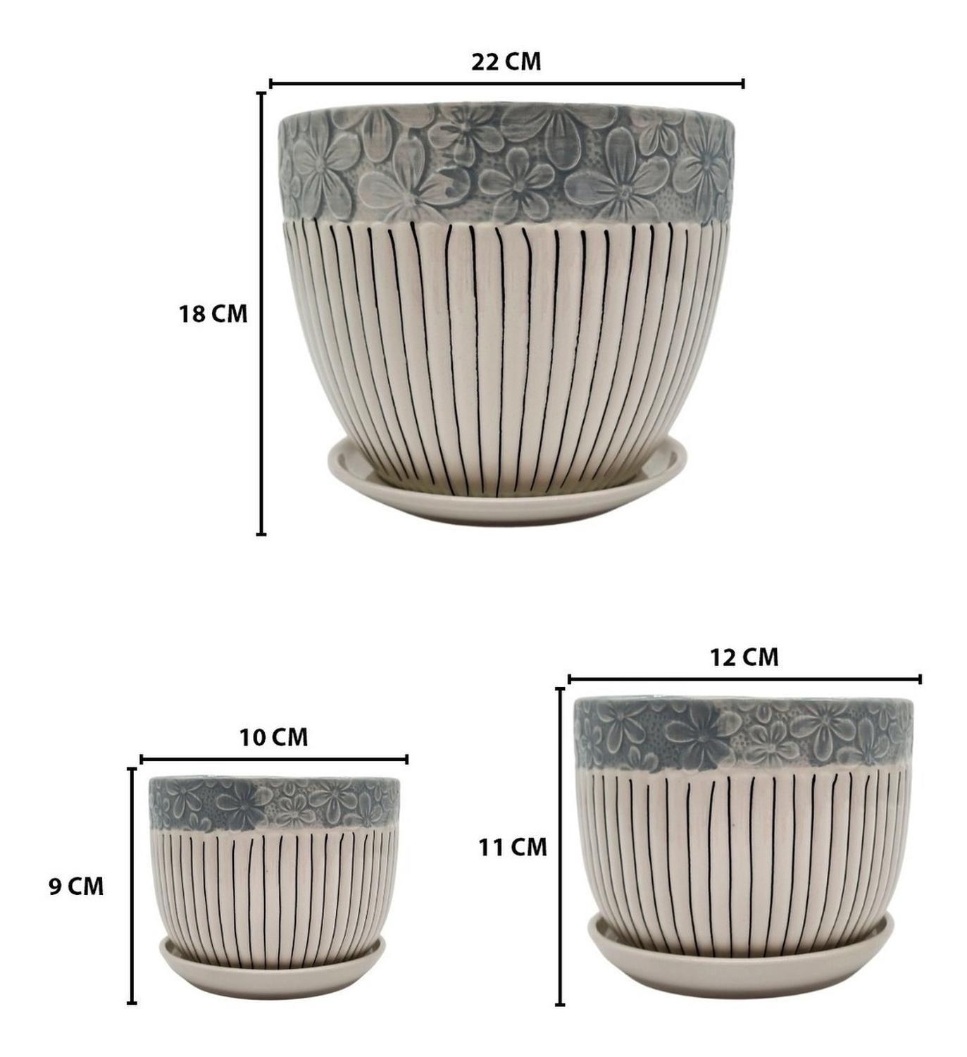 Set 3 Maceteros Maceta De Cerámica Blancos Flores Y Líneas-4