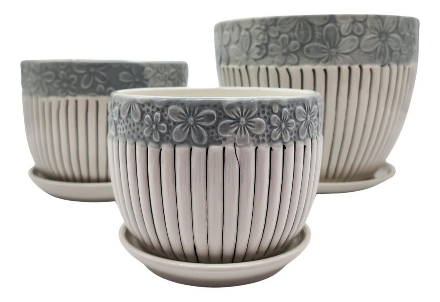 Set 3 Maceteros Maceta De Cerámica Blancos Flores Y Líneas-5