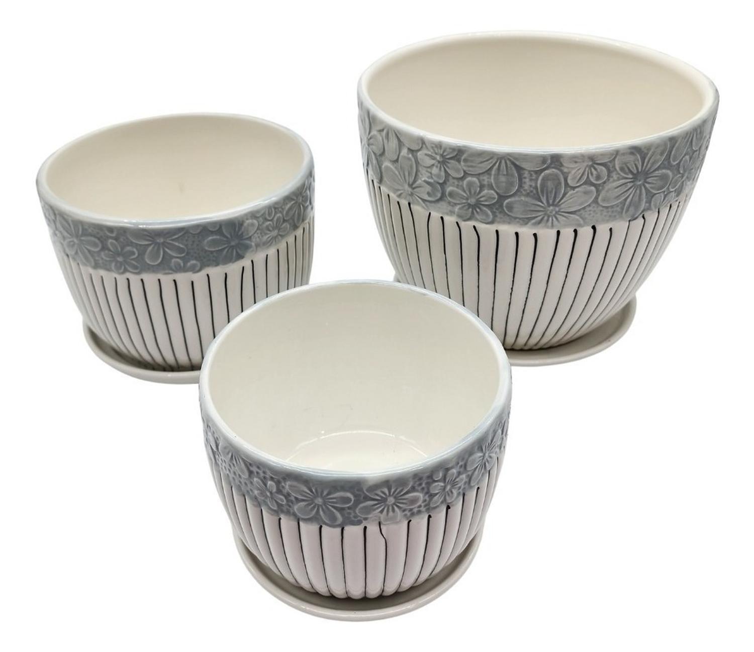 Set 3 Maceteros Maceta De Cerámica Blancos Flores Y Líneas-6