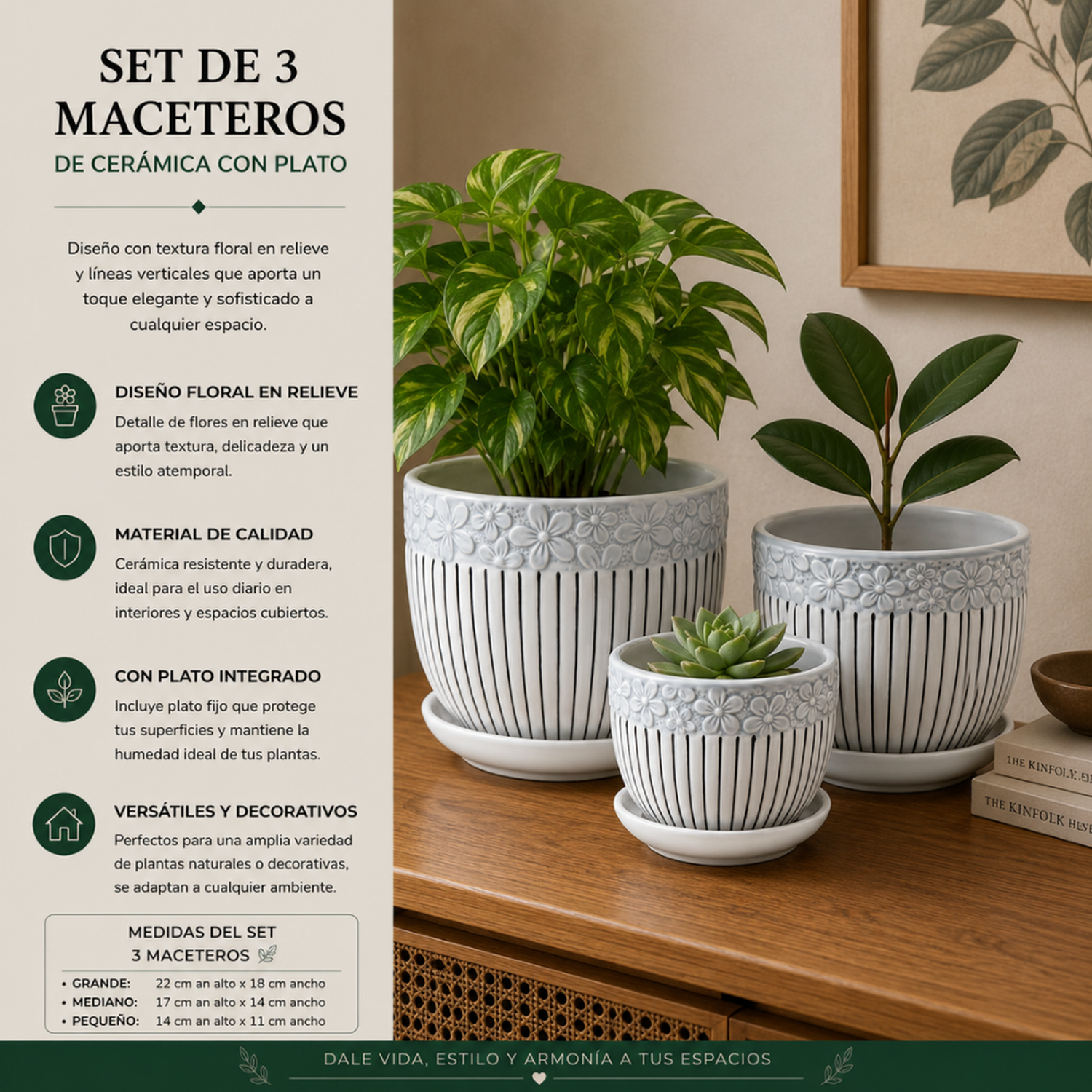 Set 3 Maceteros Maceta De Cerámica Blancos Flores Y Líneas-3