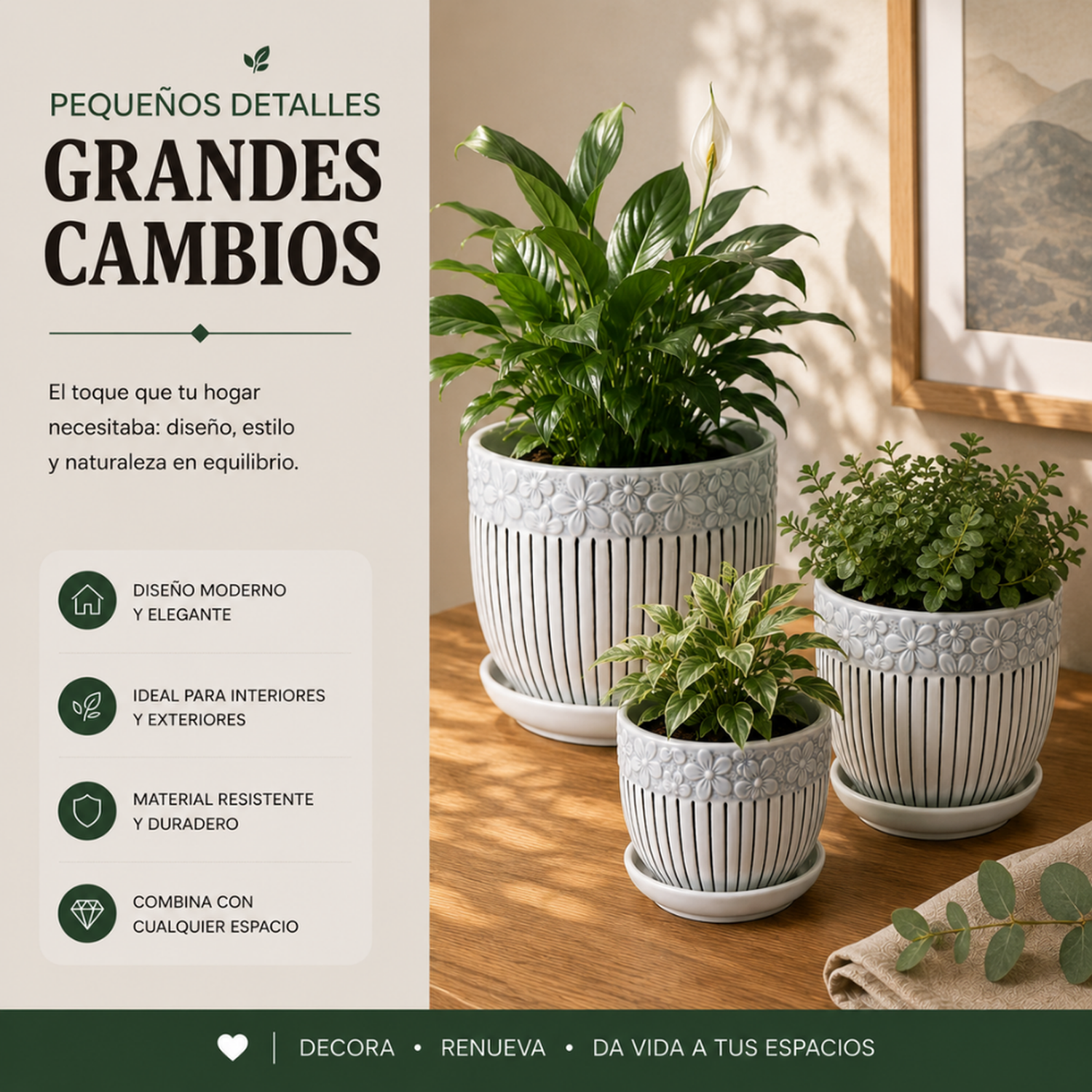 Set 3 Maceteros Maceta De Cerámica Blancos Flores Y Líneas-4