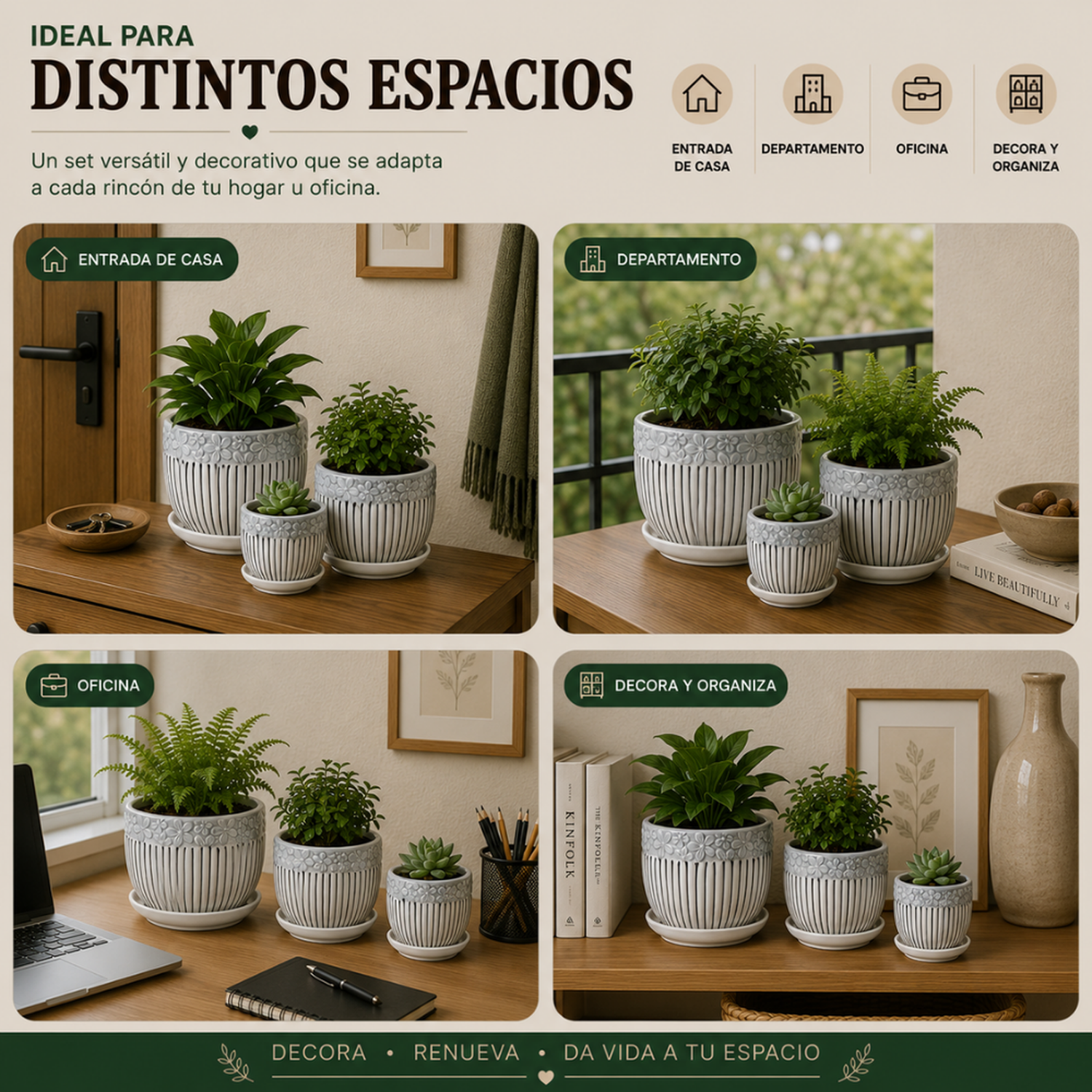 Set 3 Maceteros Maceta De Cerámica Blancos Flores Y Líneas-5