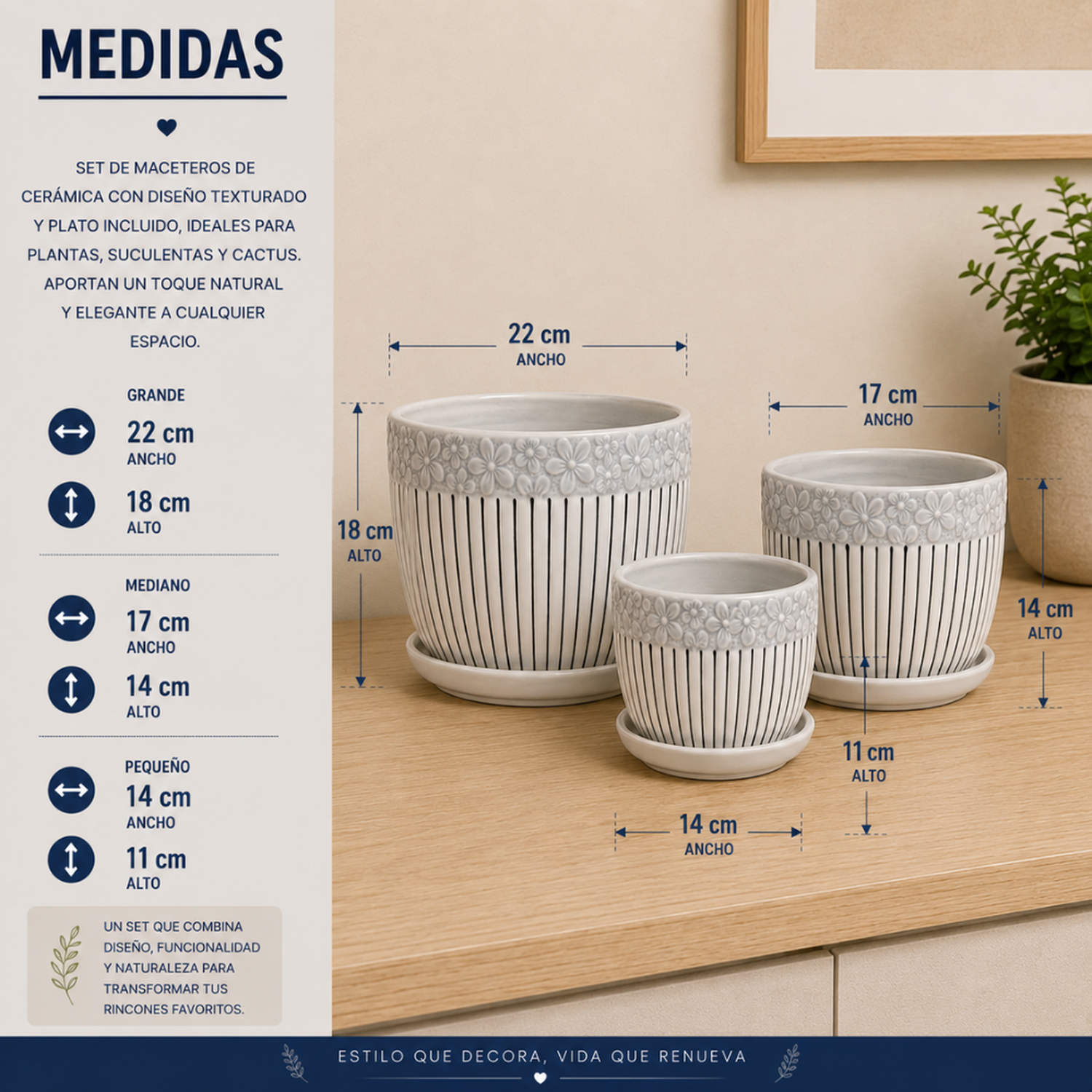 Set 3 Maceteros Maceta De Cerámica Blancos Flores Y Líneas-6