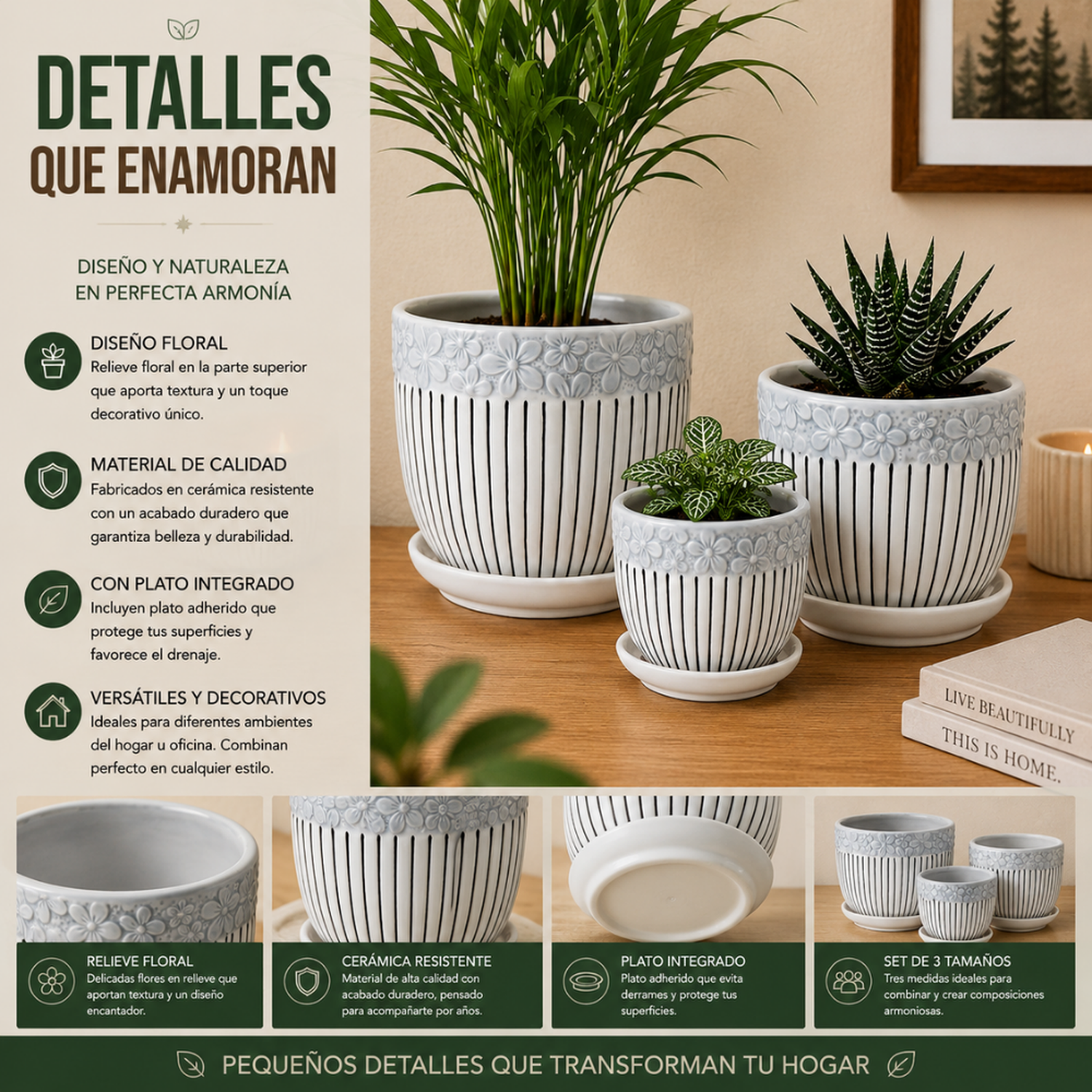 Set 3 Maceteros Maceta De Cerámica Blancos Flores Y Líneas-7