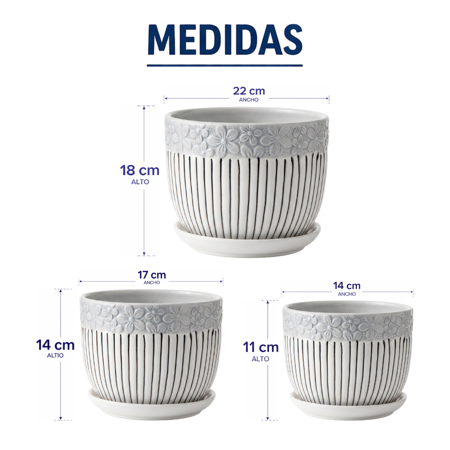Set 3 Maceteros Maceta De Cerámica Blancos Flores Y Líneas-8