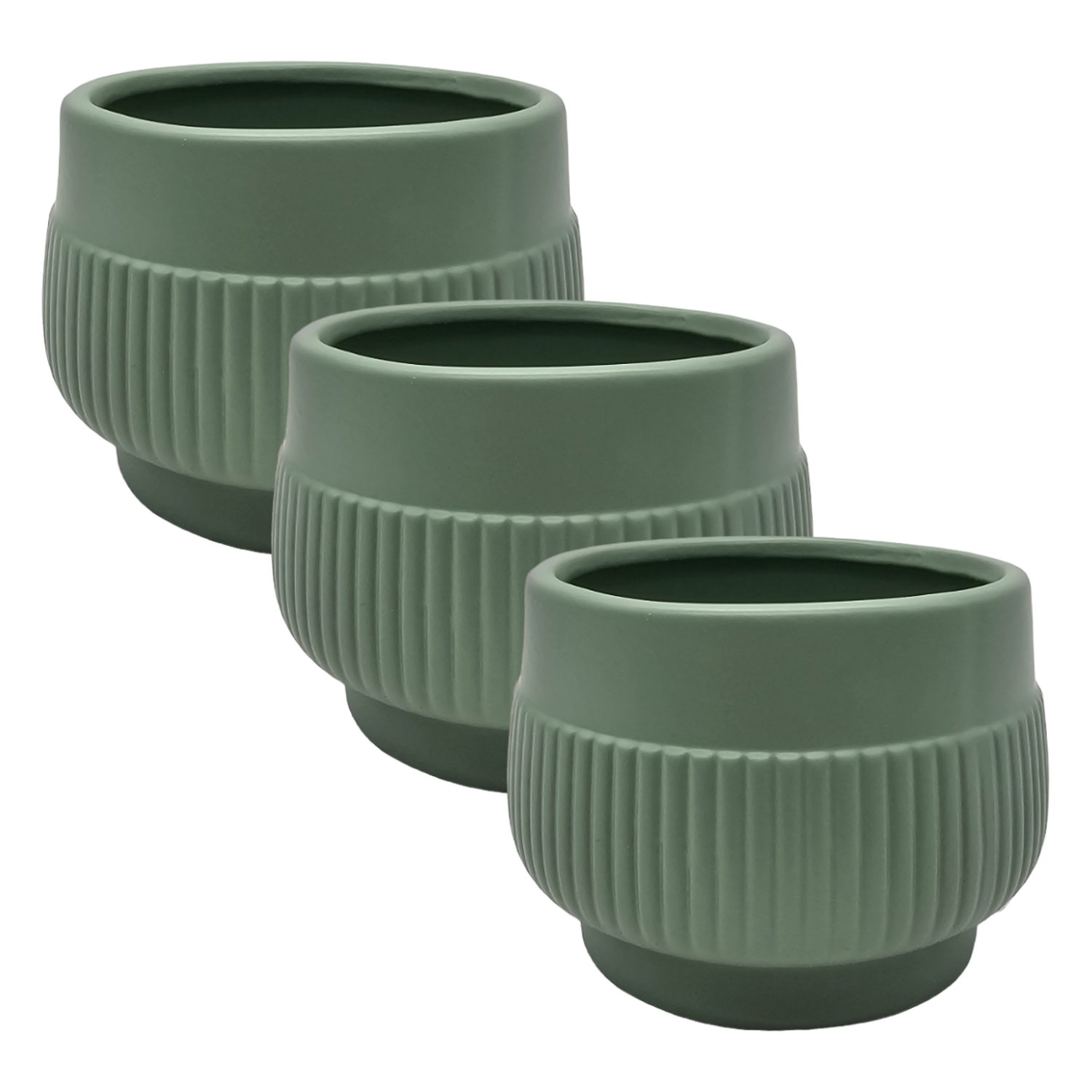 Set 3 Macetero Maceta Acabado Mate Verde Con Lineas Relieve-0