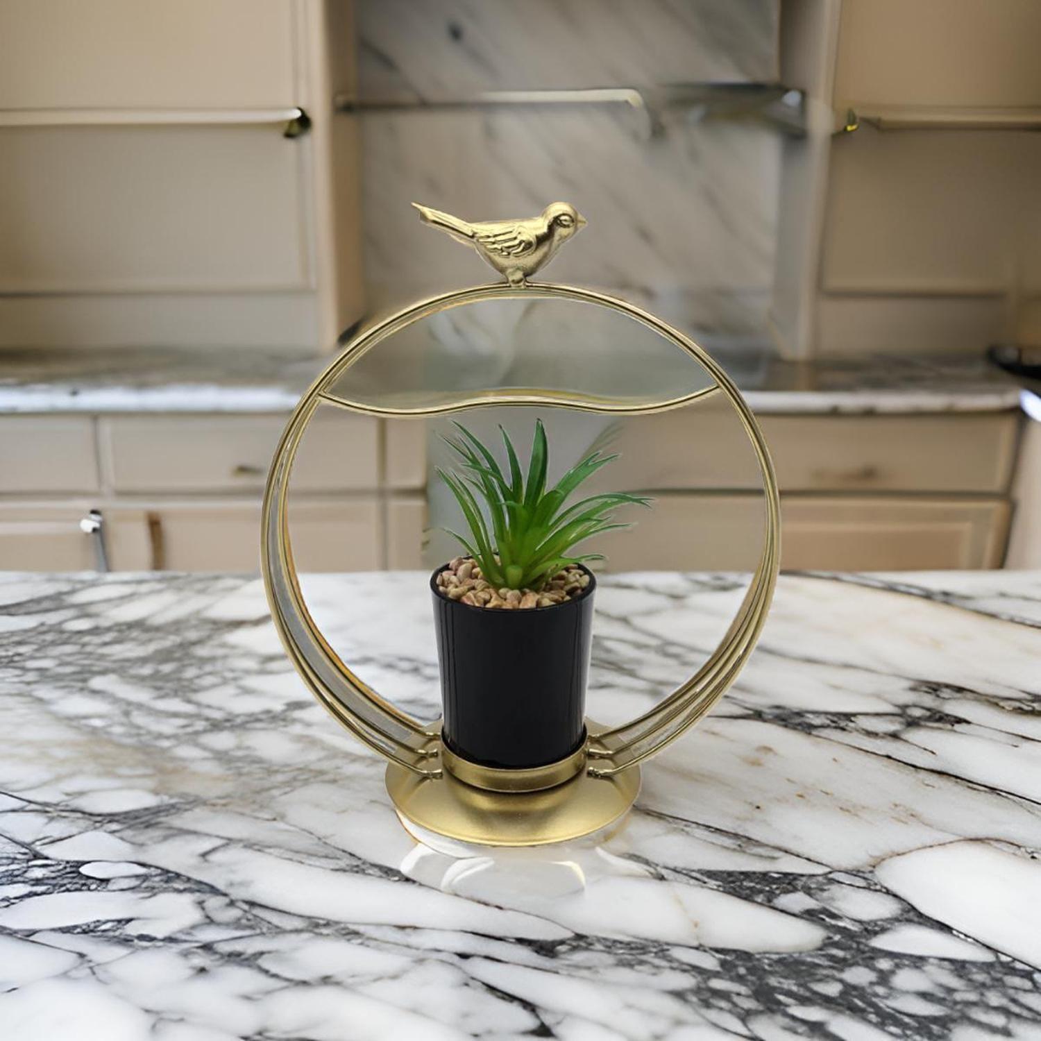 Figura Decorativa Candelabro Pajarito Dorado Con Mini Planta-4