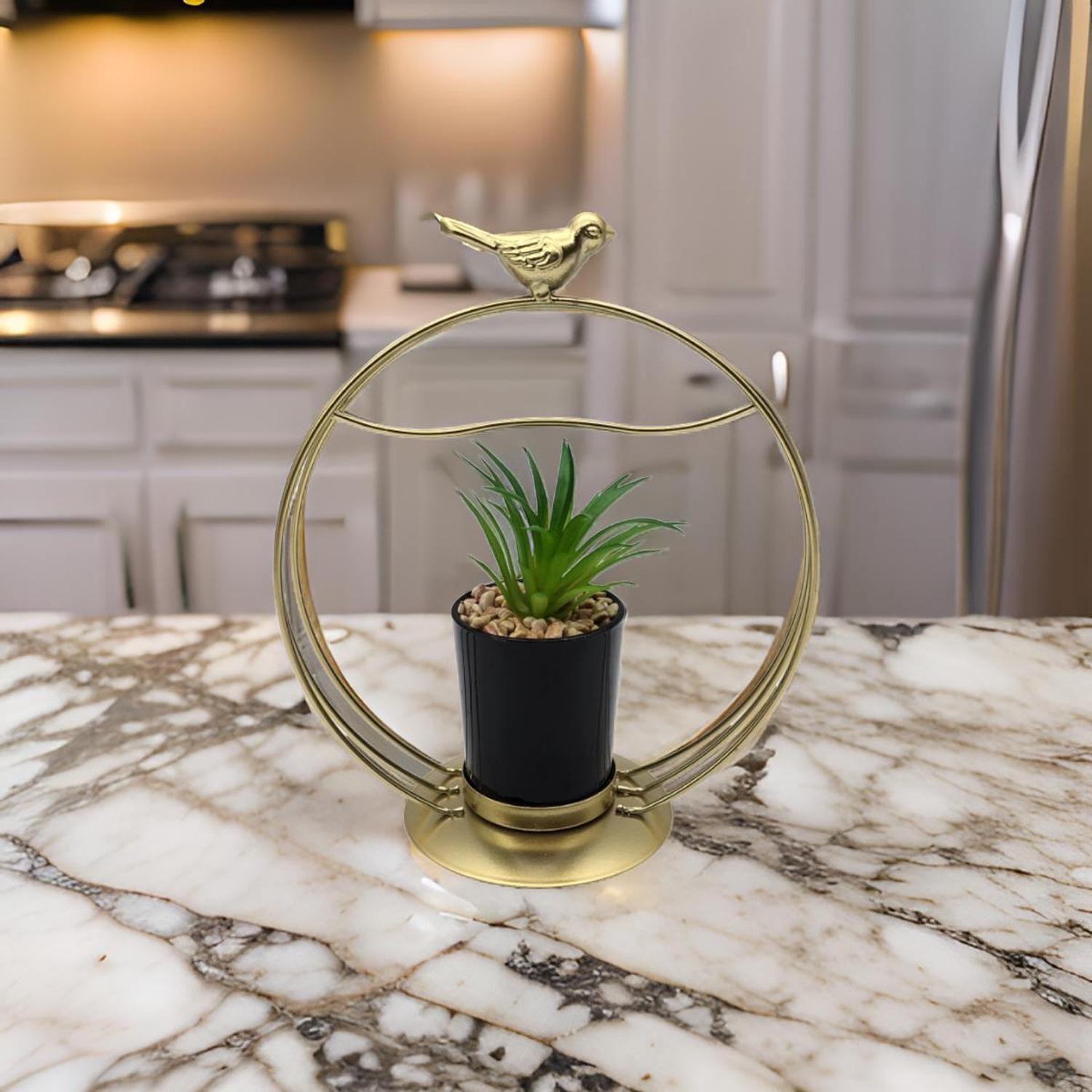 Figura Decorativa Candelabro Pajarito Dorado Con Mini Planta-5
