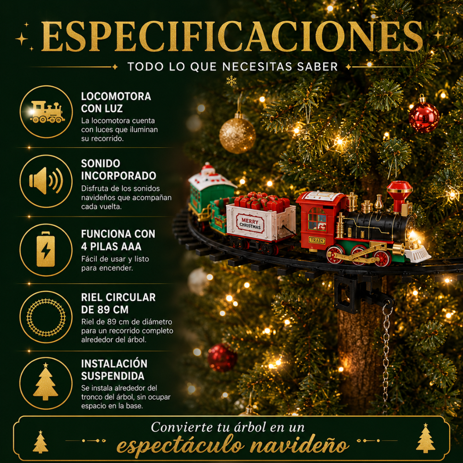 Tren Navideño Electrico Para Arbol Navidad Decorativo Pino-4