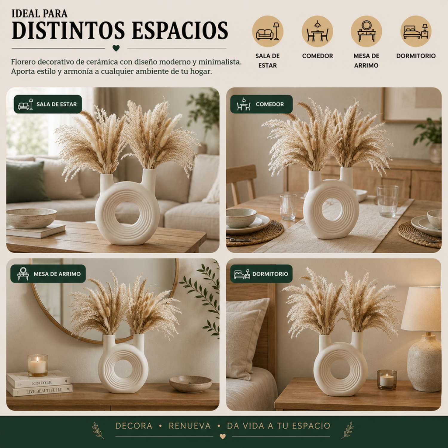Florero Redondo Doble Blanco de Ceramica Decorativo Hogar-5