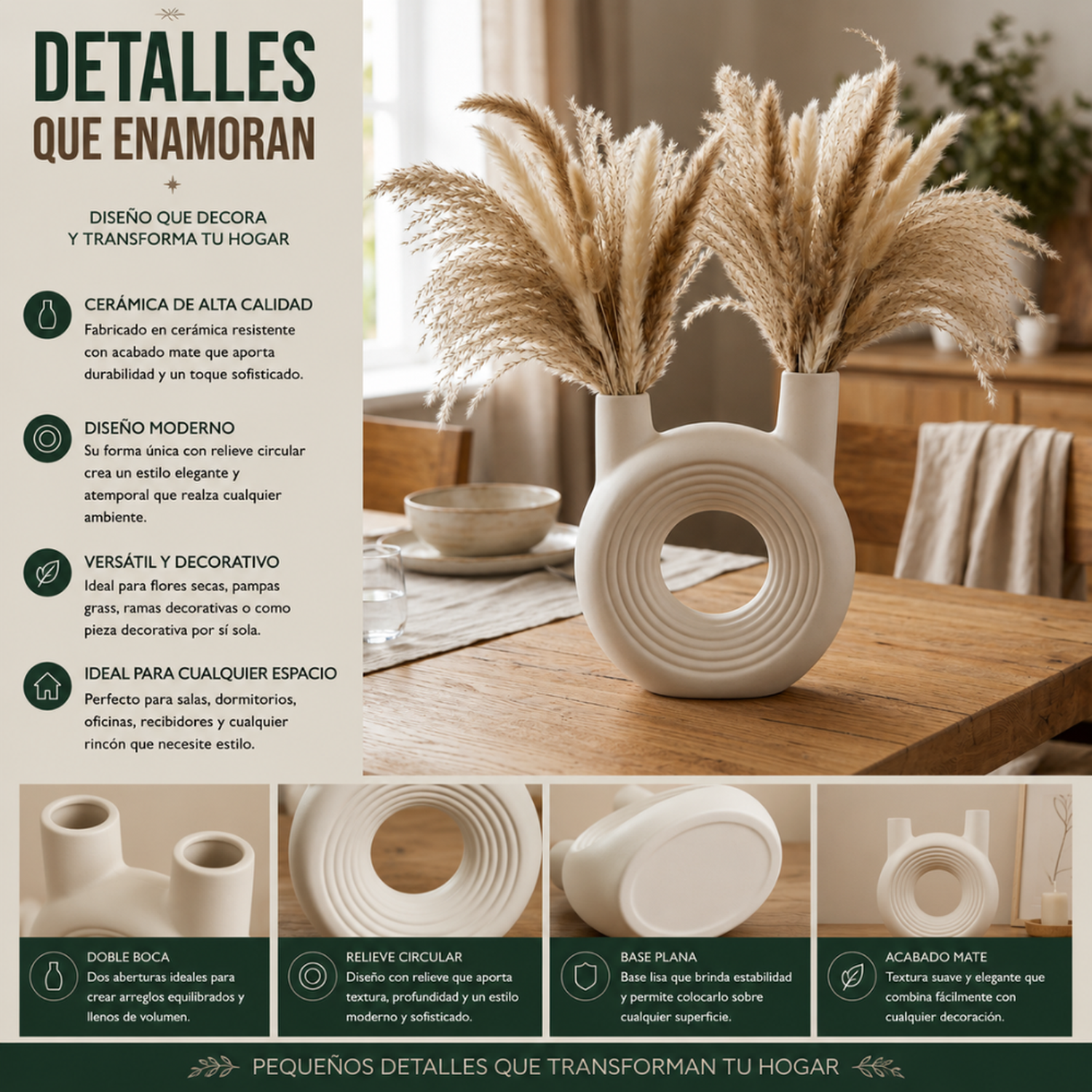Florero Redondo Doble Blanco de Ceramica Decorativo Hogar-7