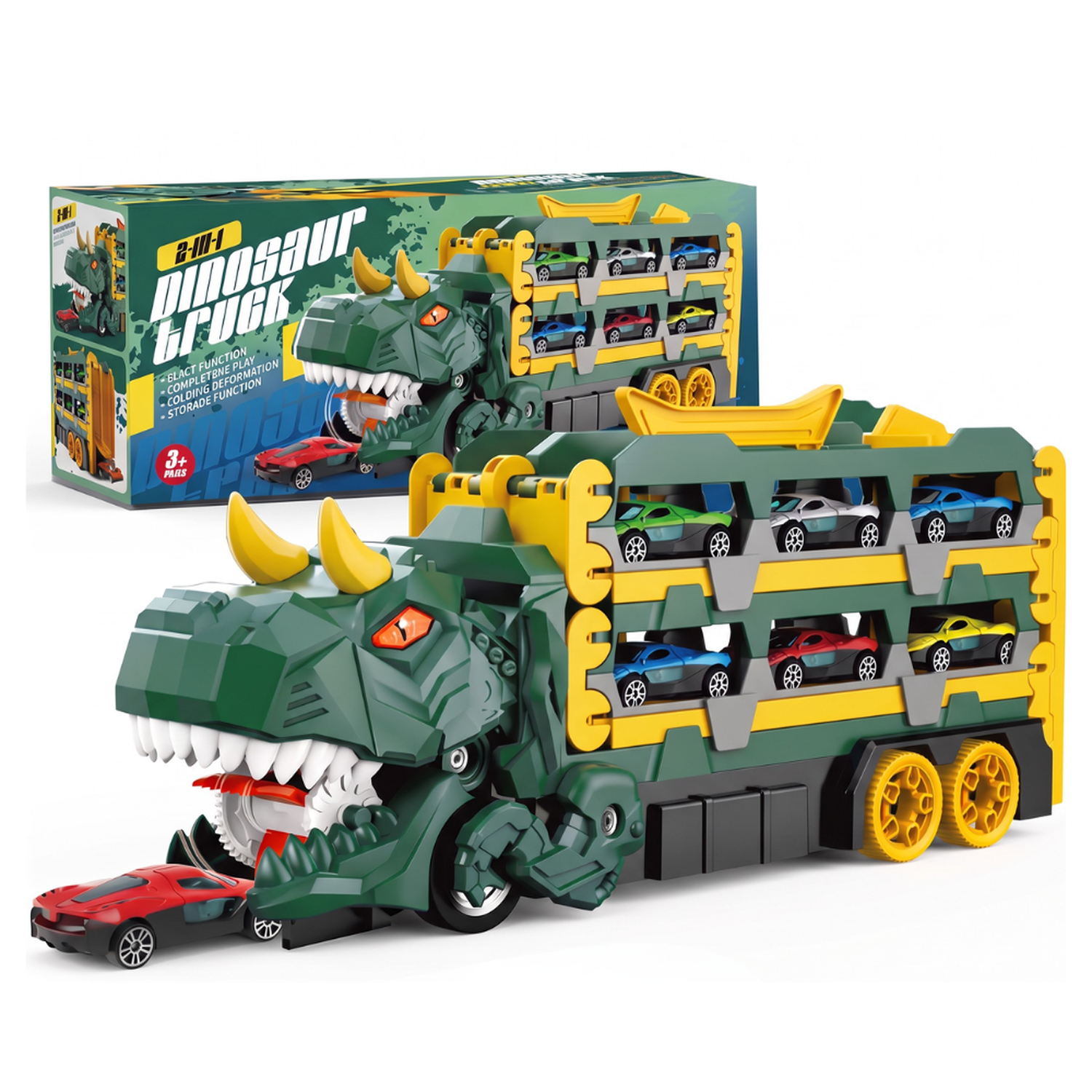 Camión Dinosaurio Portautitos 3 En 1 Con Pista Lanzadora Infantil-0