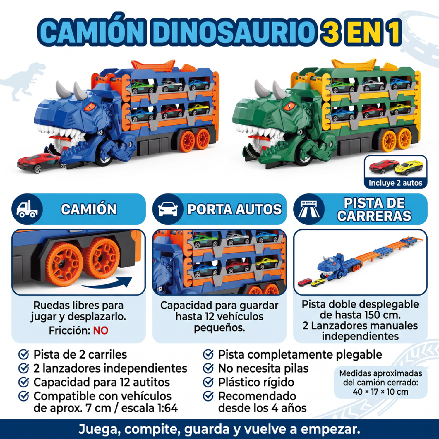 Camión Dinosaurio Portautitos 3 En 1 Con Pista Lanzadora Infantil-2