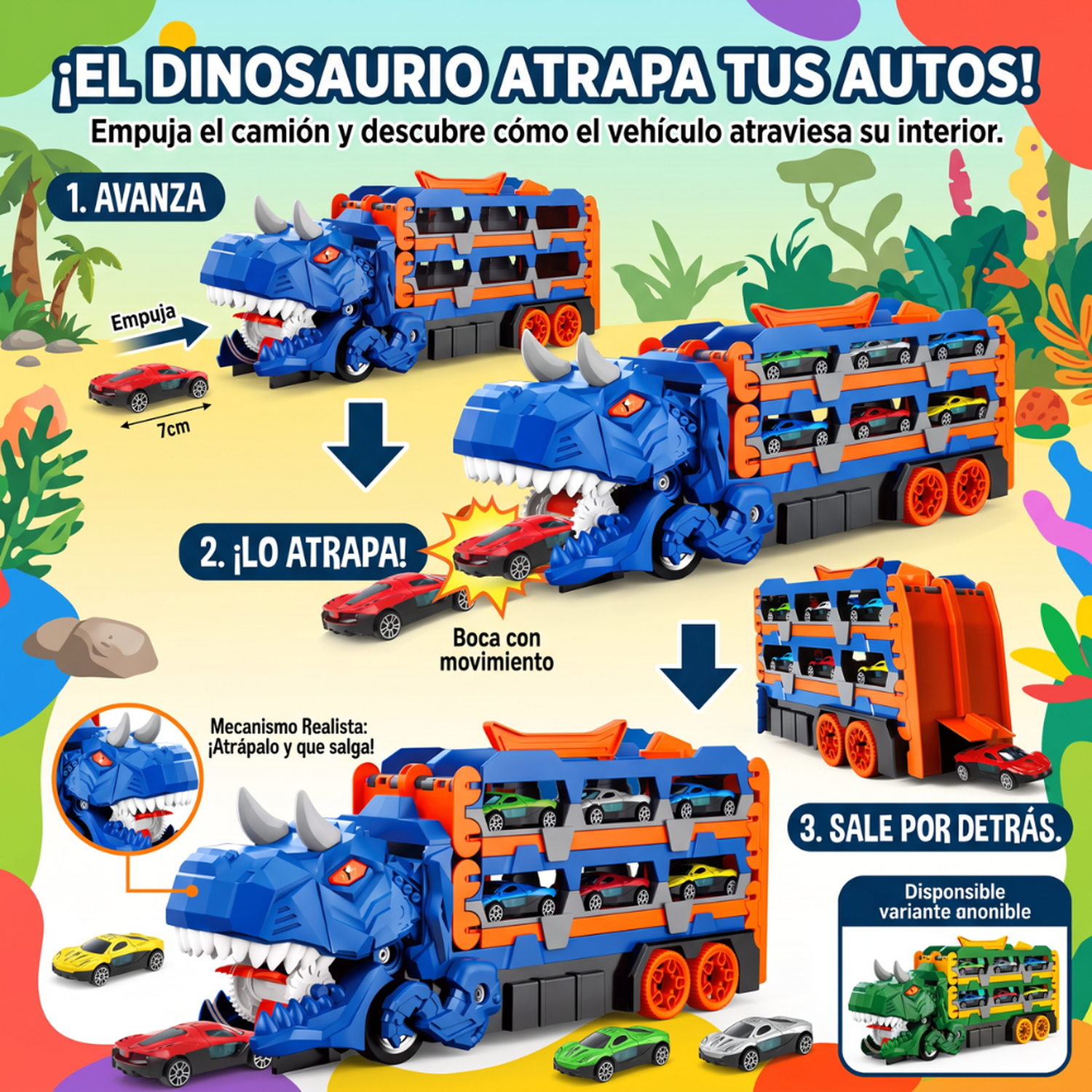 Camión Dinosaurio Portautitos 3 En 1 Con Pista Lanzadora Infantil-4