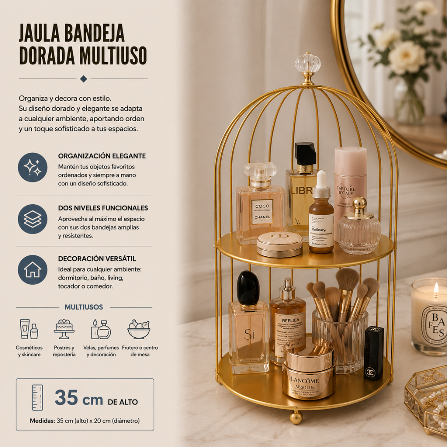 Jaula Bandeja Dorada Decoracion Metalica Centro De Mesa-5