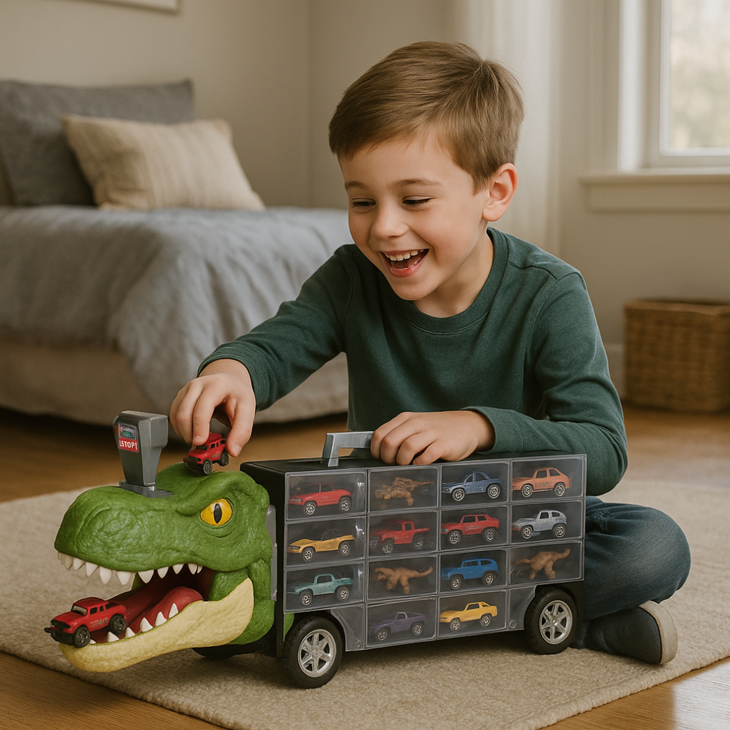 Camion Transportador Porta Autitos y Dinosaurios Juguete-3