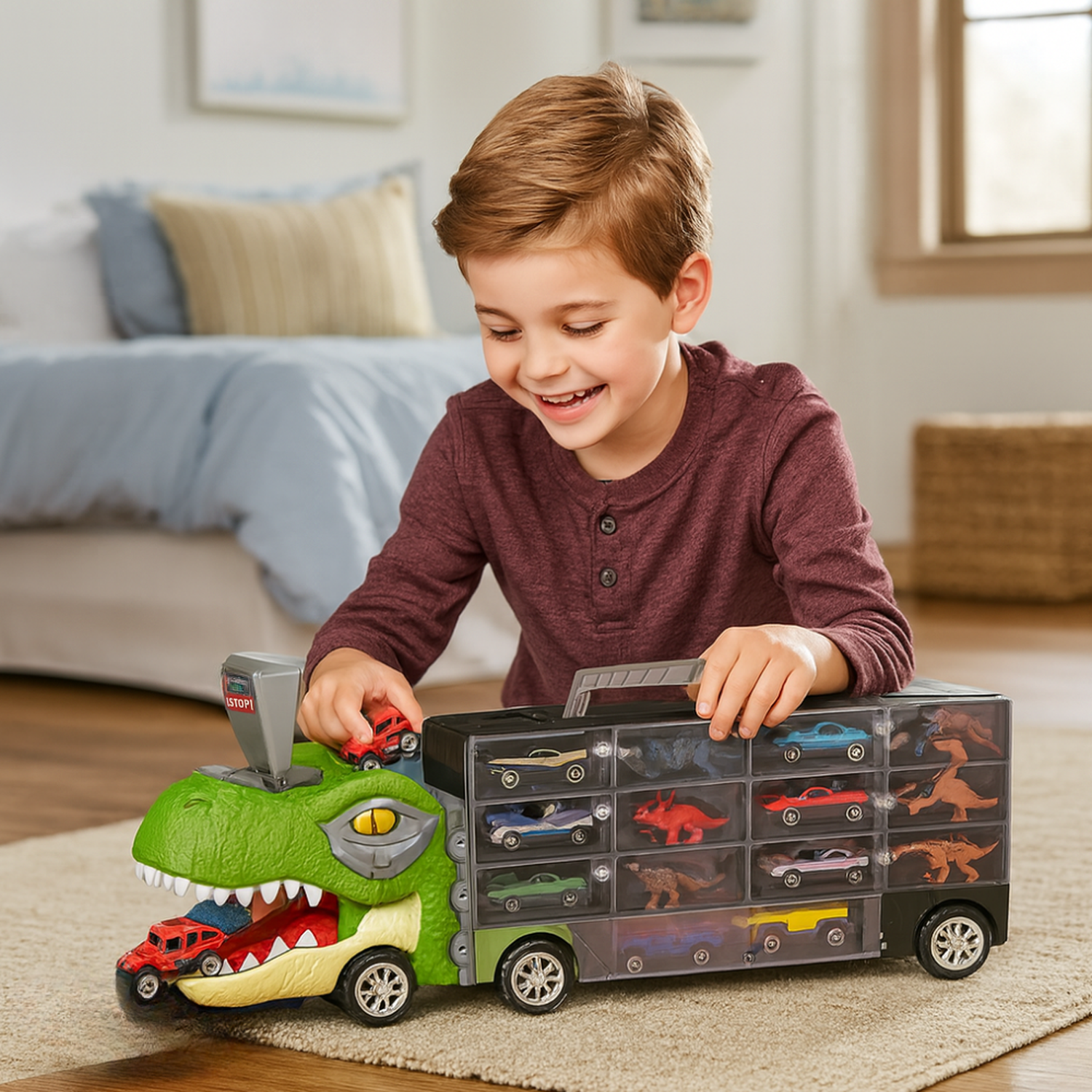 Camion Transportador Porta Autitos y Dinosaurios Juguete-4