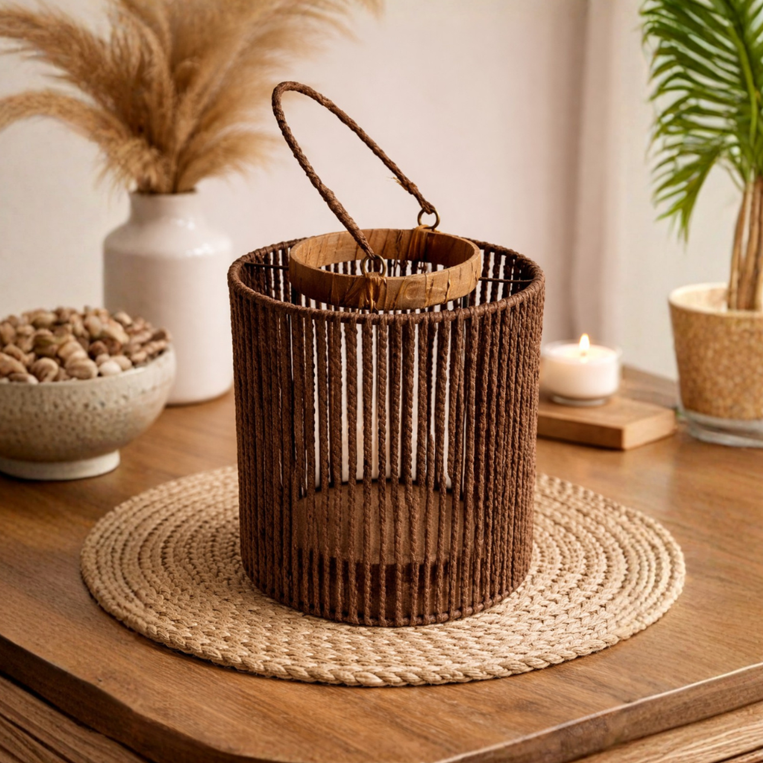 Portavela Farol Decorativo Colgante de Mimbre con Vaso Vidrio-2