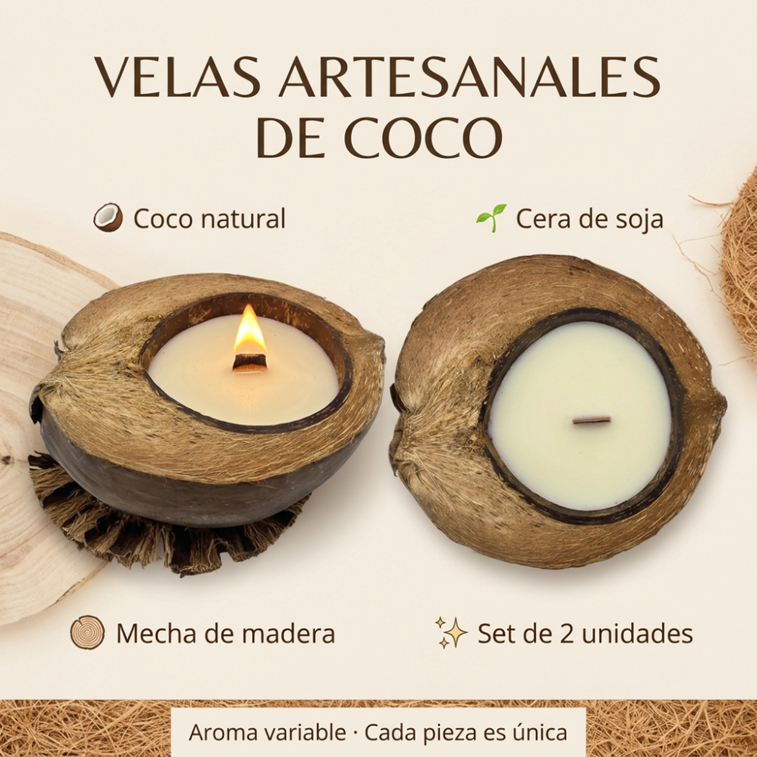 Set 2 Vela Aromatica Ecologica Aroma De Coco Cera Natural-4